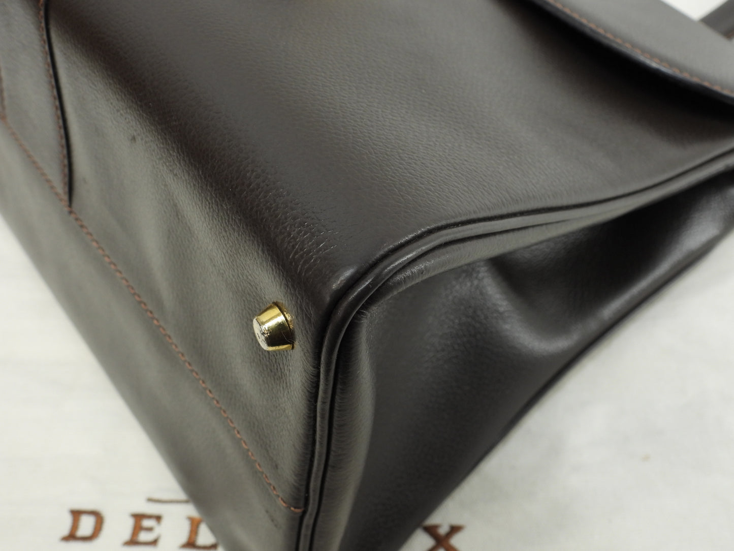 デルボー ブリヨンMM ヴィンテージ 型押レザー焦茶 ゴールド金具 ハンドバッグ@ 101