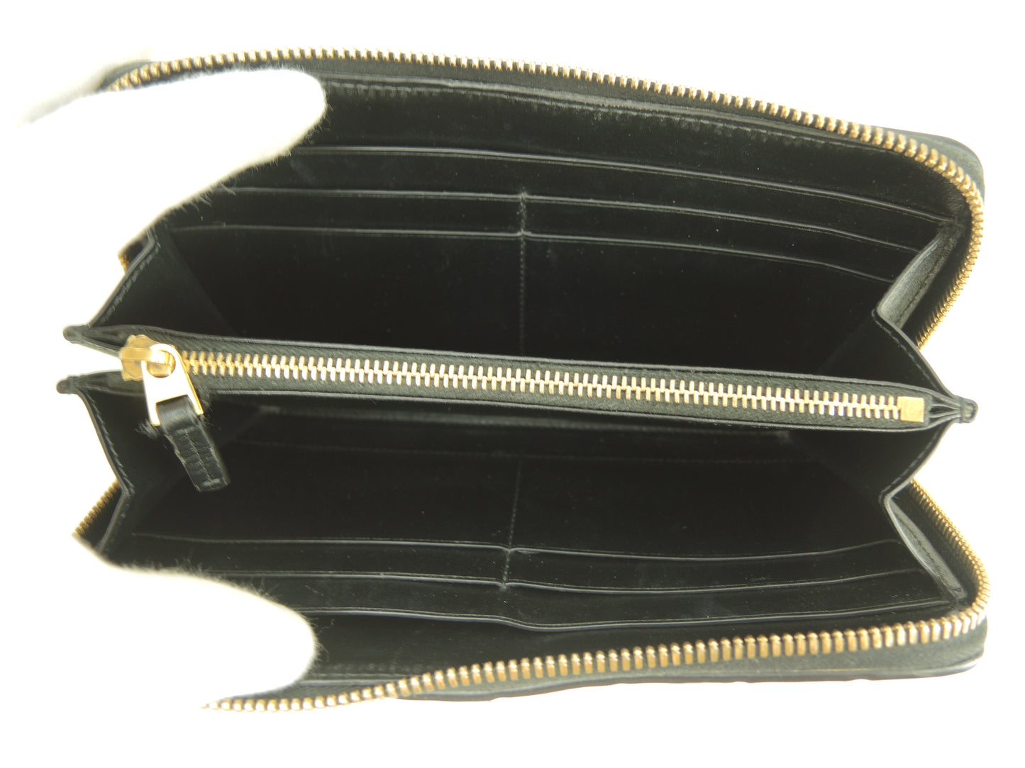 ボッテガヴェネタ ロングウォレット 中イントレチャート レザー黒 ゴールド金具 ジップ長財布 美品@P01382803B