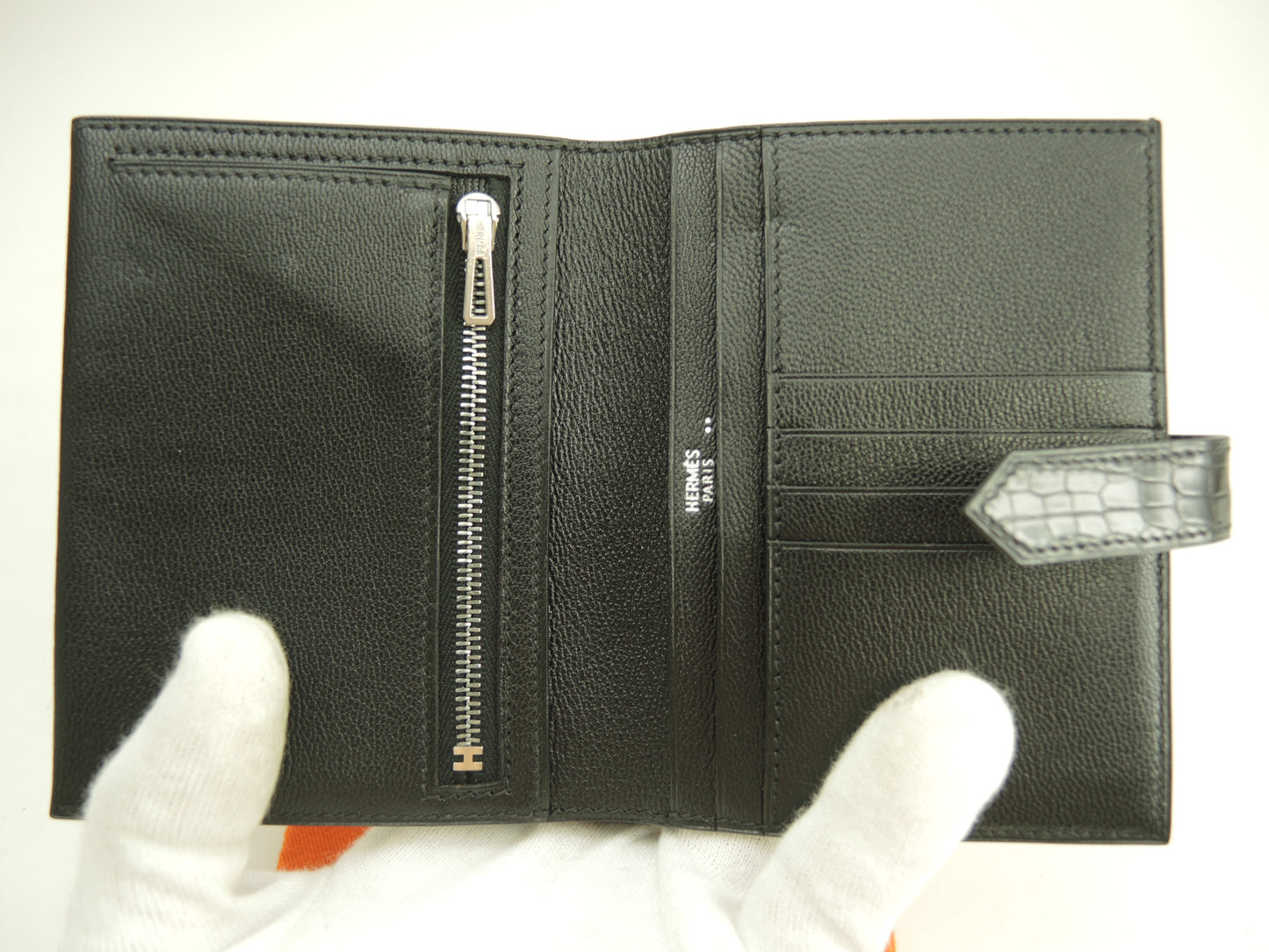 エルメス ベアンコンパクト クロコニロティカス 黒 コンパクトウォレット 2折財布 極美品@□R
