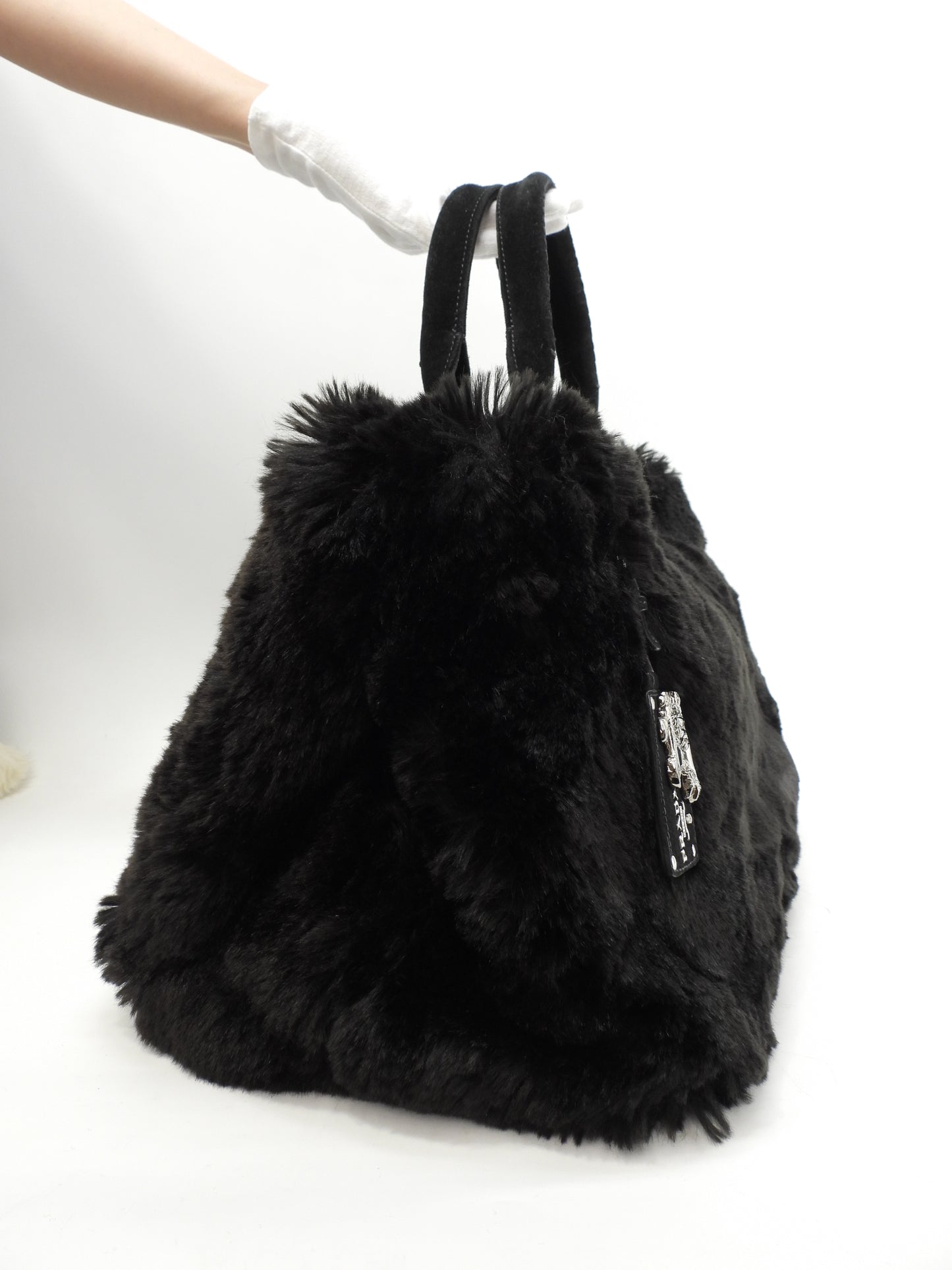 プラダ カナパGM フェイクファー 黒 ハンドバッグ大 トートバッグ大 美品@158