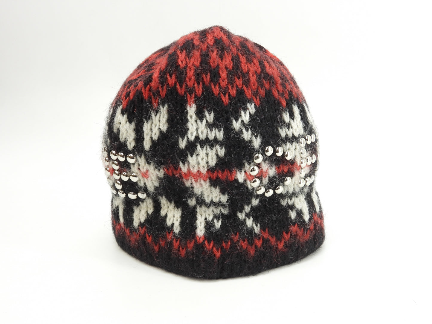 セリーヌ ニットキャップ ウール100% 黒赤白 ヘッドウォーマー ニット帽 ロゴスタッズ@ 8