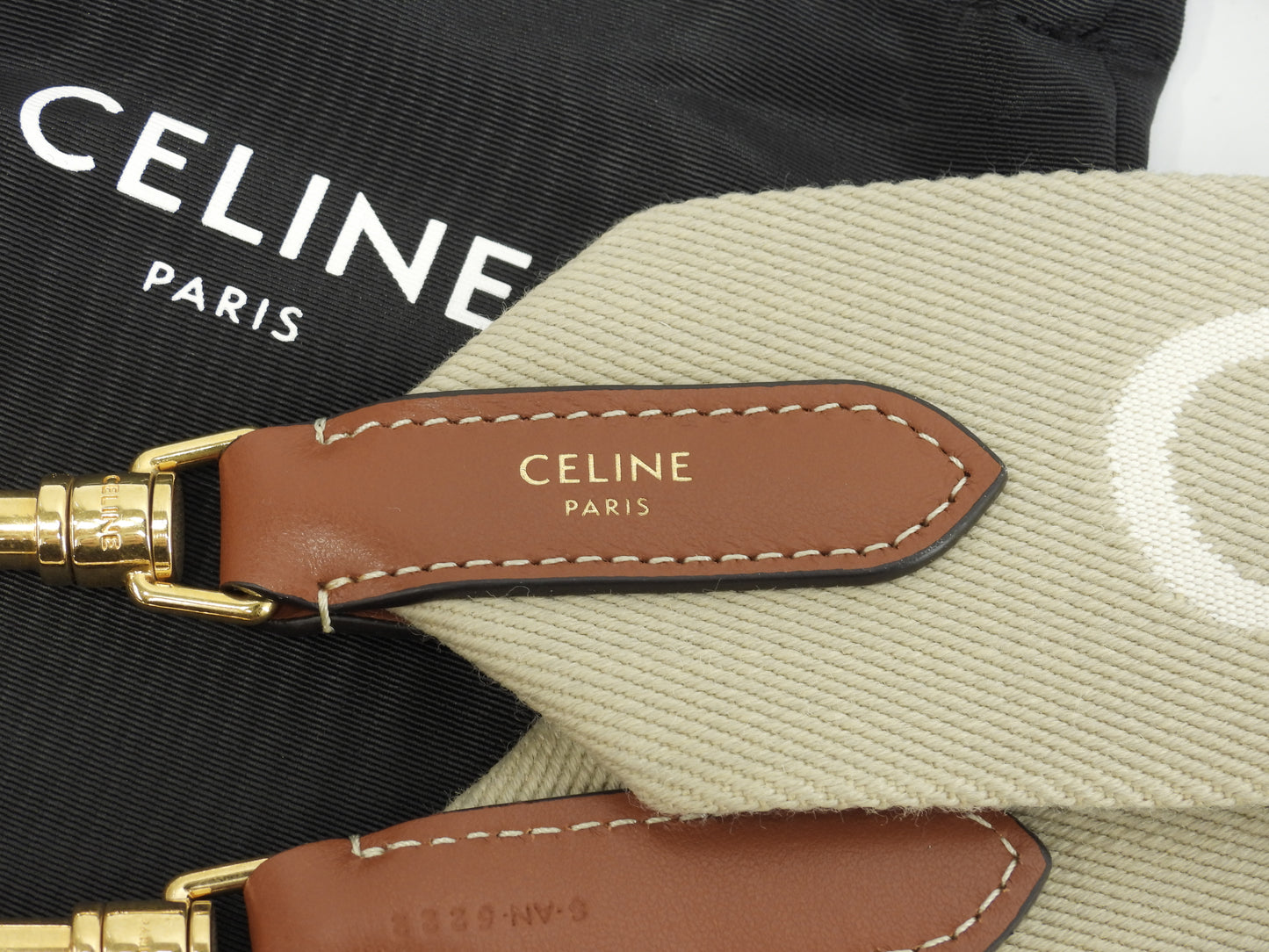 セリーヌ ロングショルダーストラップ ウール革 ベージュ茶 ロゴモチーフ 斜め掛用 極美品@S-AN-5222