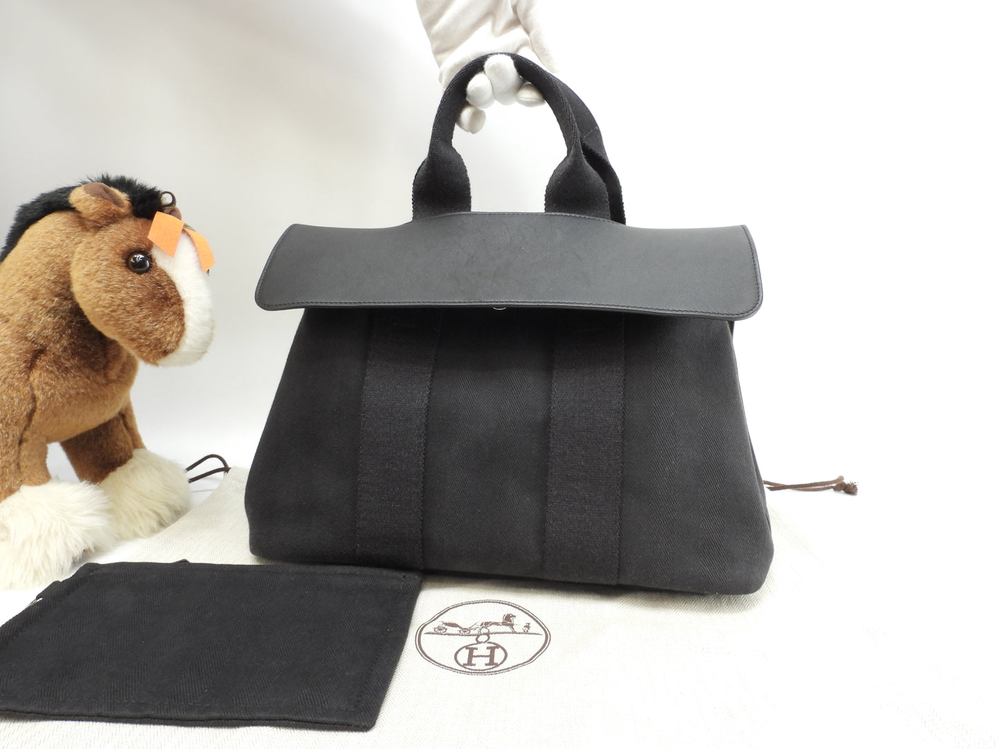 エルメス ヴァルパライソPM コットン/レザー 黒 トートバッグ ハンドバッグ 美品@□M