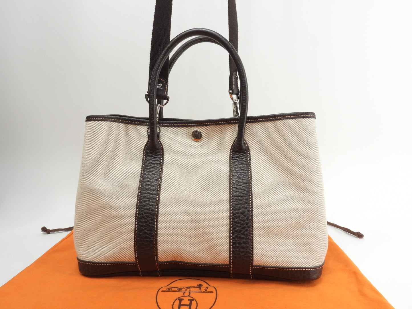 エルメス ガーデンパーティTPM トワルアッシュPM/レザー 白茶 s付ハンドバッグ 美品@□I