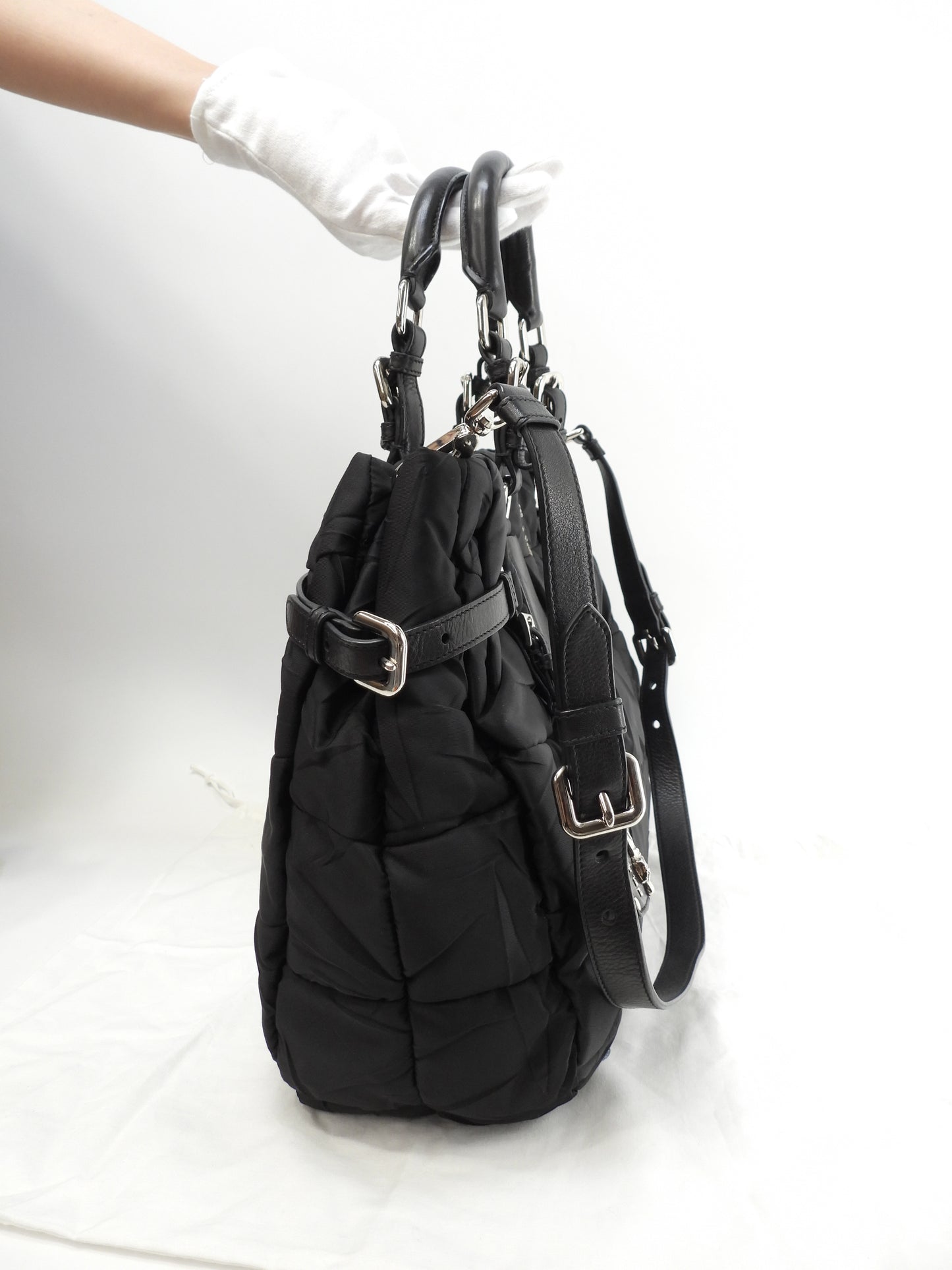 プラダ s付トートバッグ ナイロン 黒 ショルダーストラップ付ハンドバッグ 美品@165