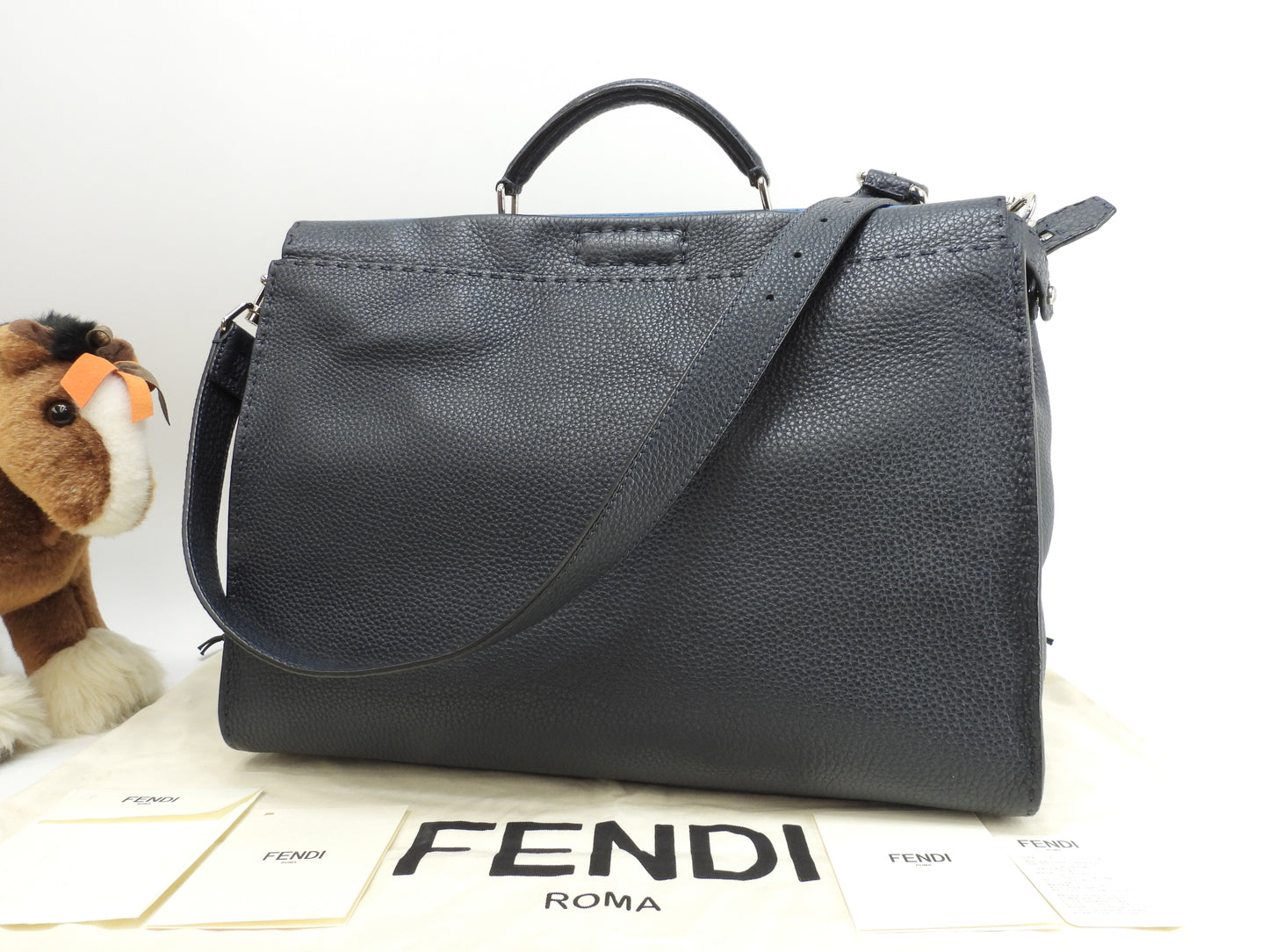 フェンディ ピーカブー大 セレリアレザー 紺水色 メンズハンドバッグ ショルダーバッグ 極美品@ 26
