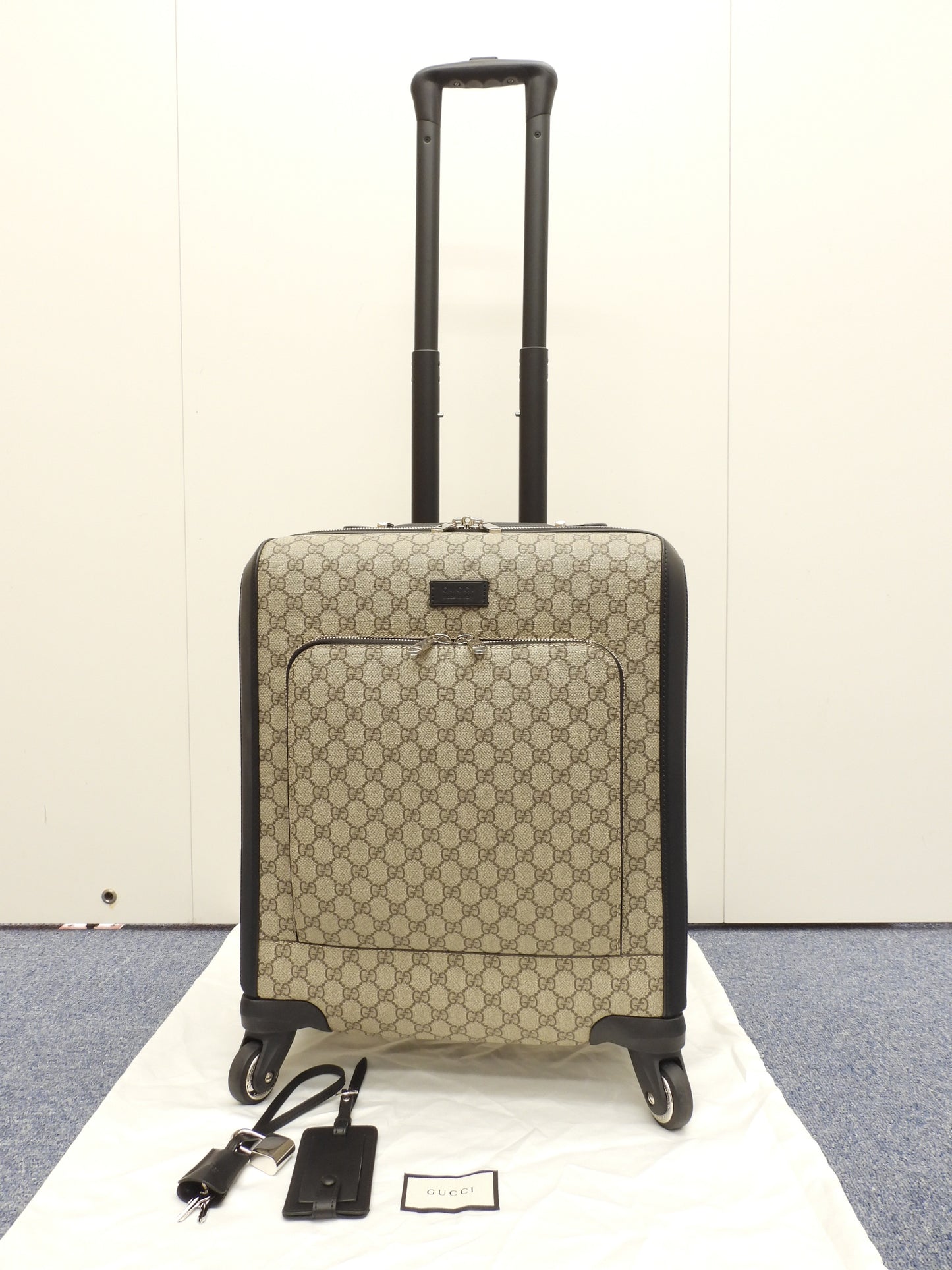 グッチ 4輪キャリーバッグ オールド GGグレー黒革 旅行用四輪トロリーバッグ 美品@ 5