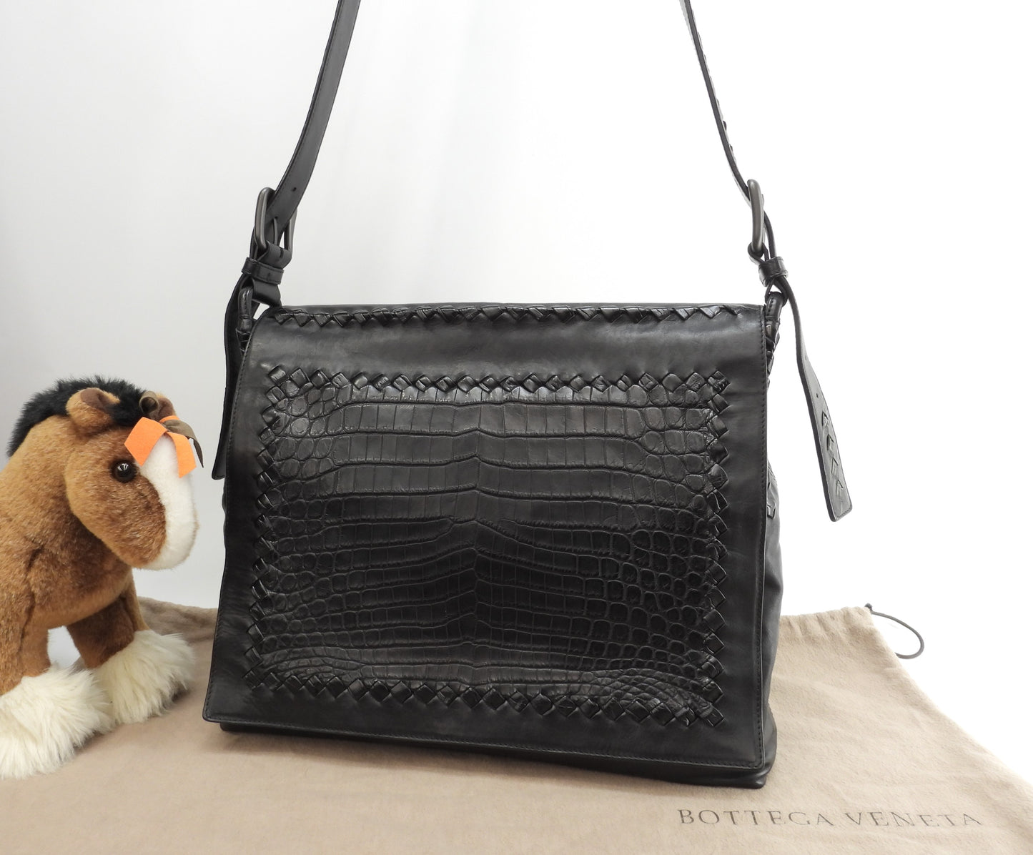 Bottega Veneta Messenger Bag Crocodile/Leather Black Crossbody Shoulder Bag @B00517184E
