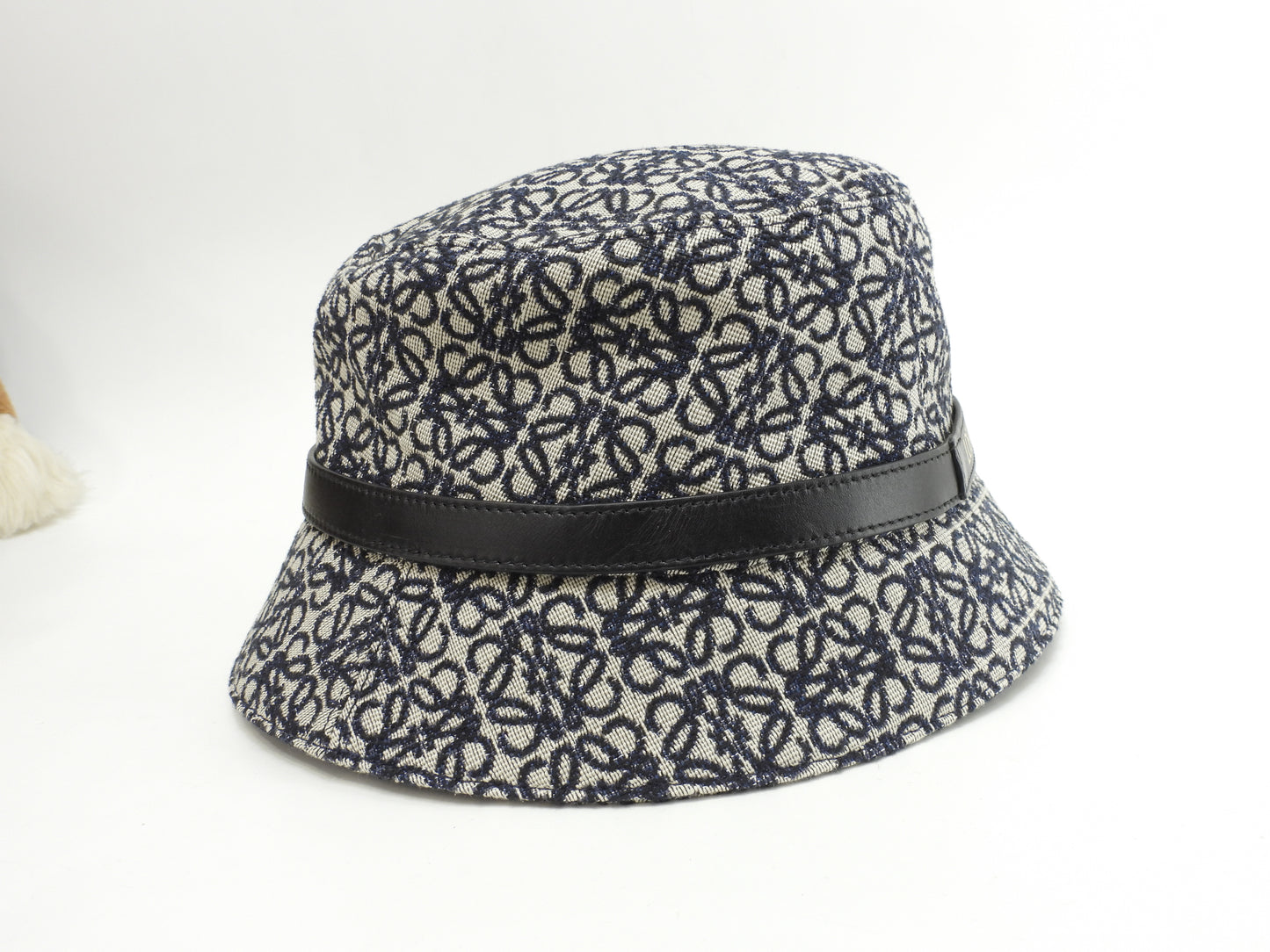 ロエベ バゲットハット リピートアナグラム コットン灰紺 ヘッドウォーマー 極美品@ 4