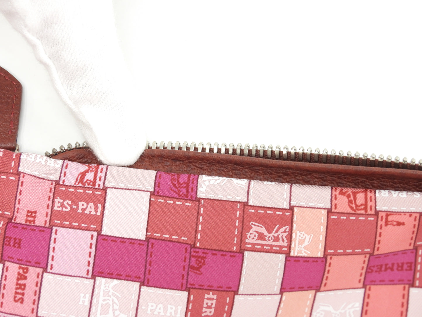 エルメス シルキーポップ シルク/ピンク/レザー茶 エコバッグ 折畳みハンドバッグ 新品同様@□K