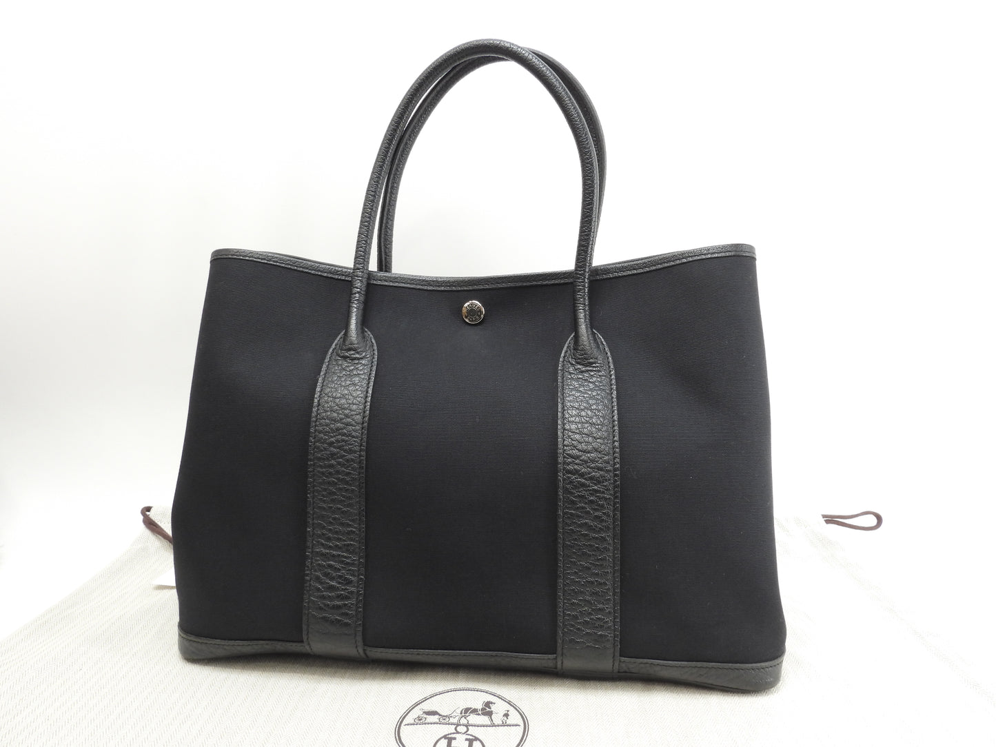 エルメス ガーデンパーティPM コットン/レザー 黒 トートバッグ ハンドバッグ 極美品@□R
