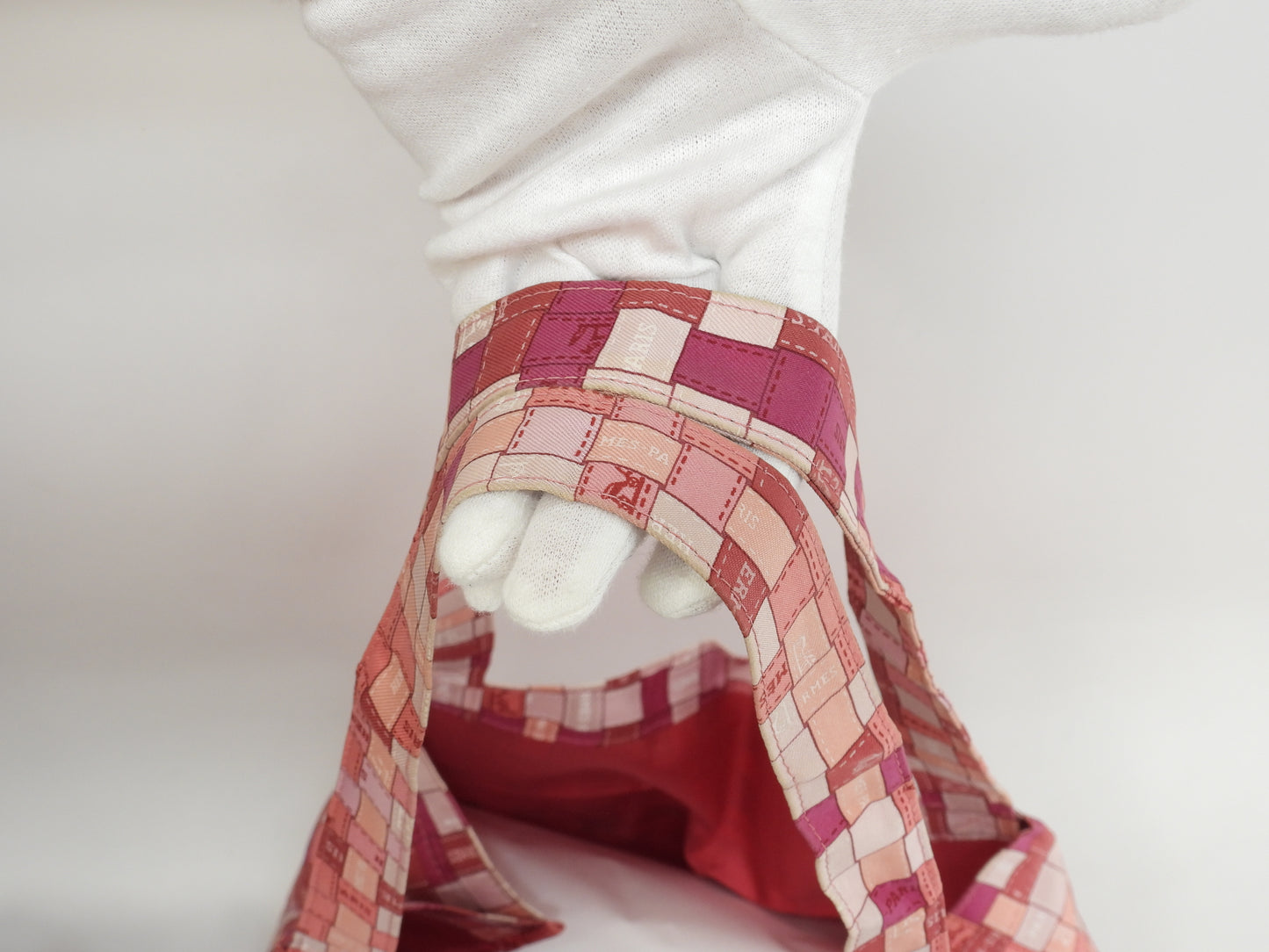 エルメス シルキーポップ シルク/ピンク/レザー赤茶 エコバッグ 折畳みハンドバッグ@□K