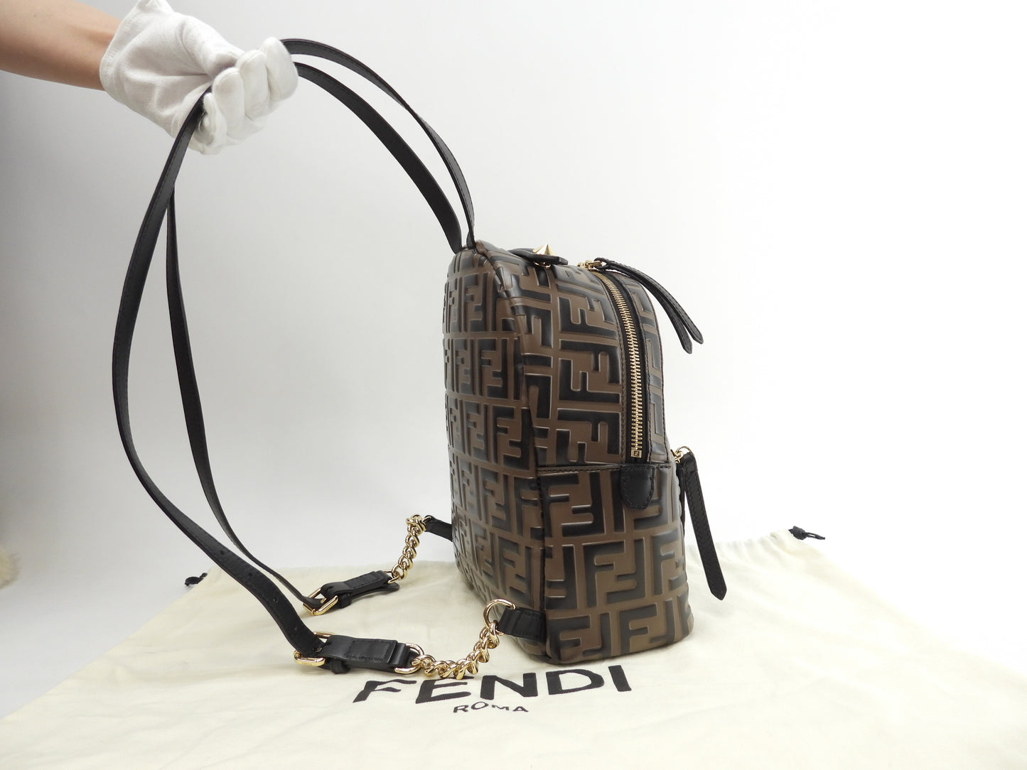 フェンディ バックパックS FFモチーフ レザー茶黒 リュックバッグ 美品@ 20
