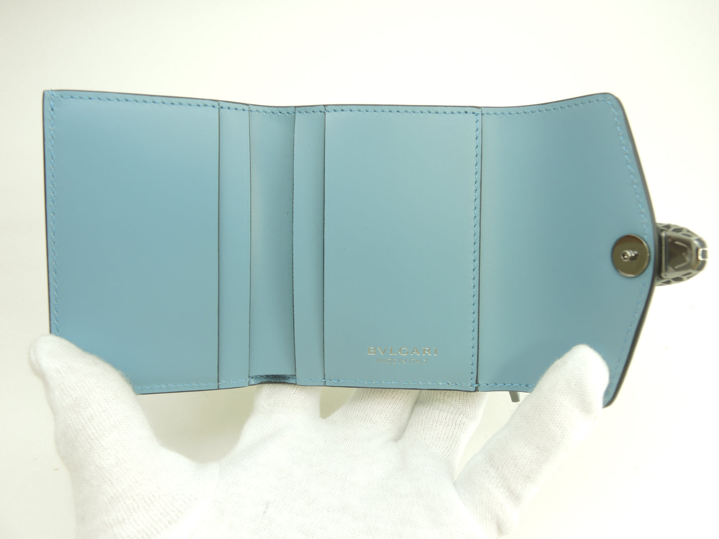 ブルガリ 三折財布 セルペンティ 型押レザー水色 ミニ財布 未使用@ 9