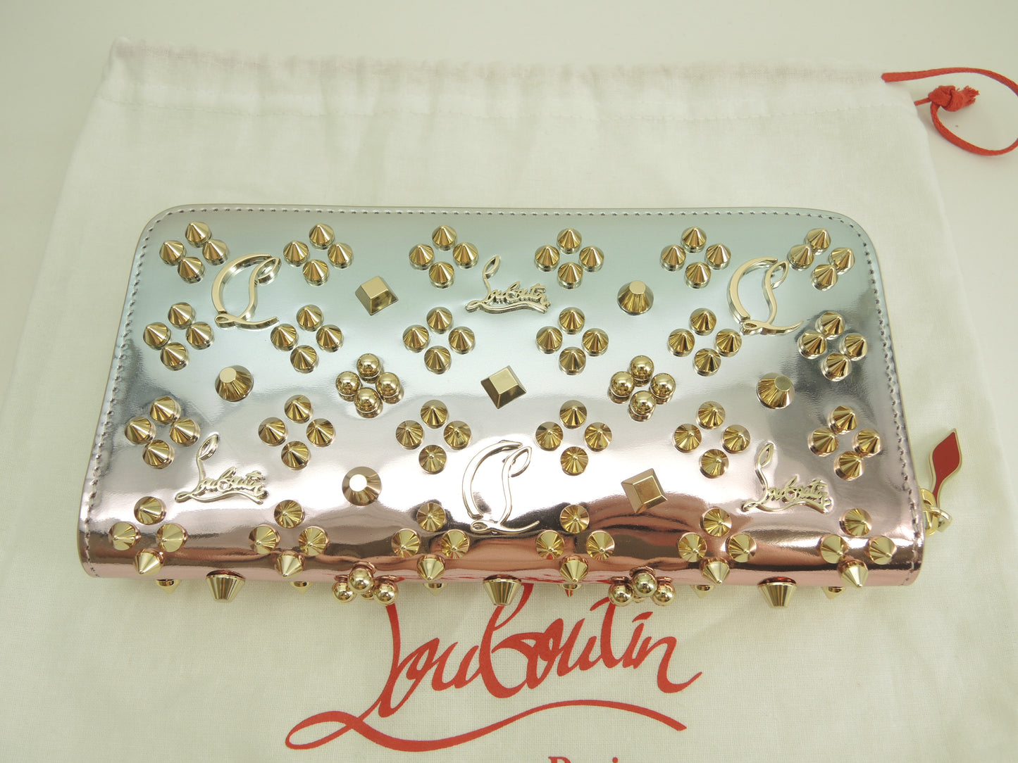 クリスチャンルブタン ロングウォレット Loubinthesky パテントレザー銀ピンク橙 ジップ長財布 未使用@ 5