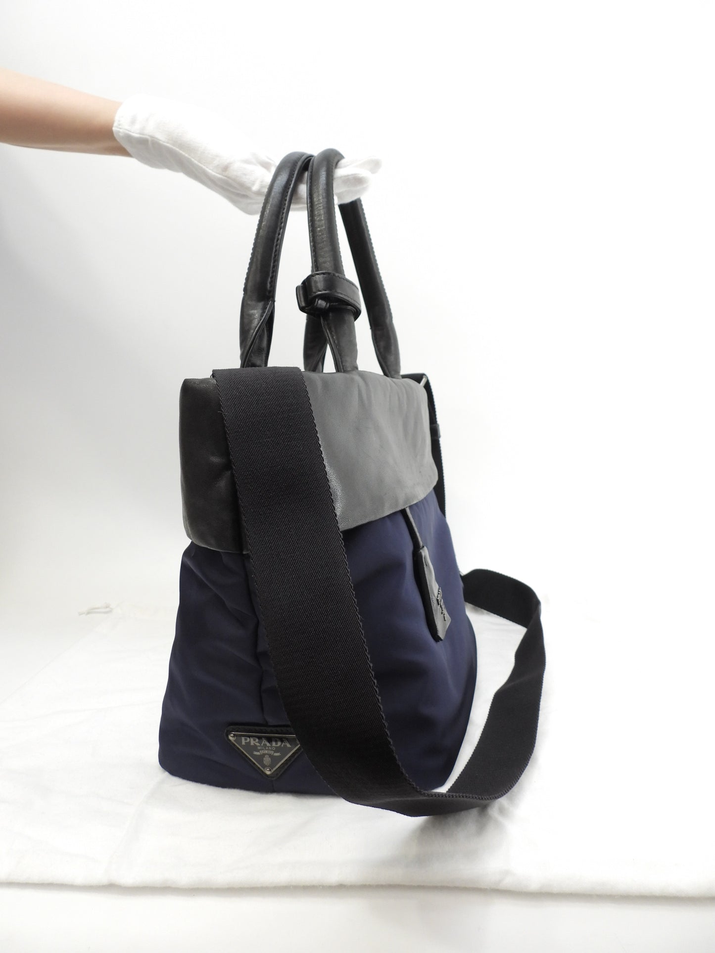プラダ s付ハンドバッグ ナイロン/レザー 紺黒 ポシェット トートバッグ 美品@103