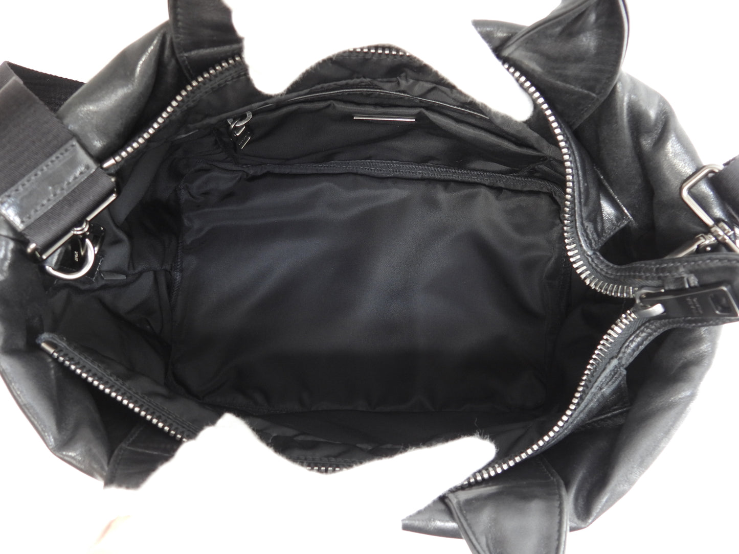 プラダ s付ハンドバッグ ナイロン/レザー 紺黒 ポシェット トートバッグ 美品@103
