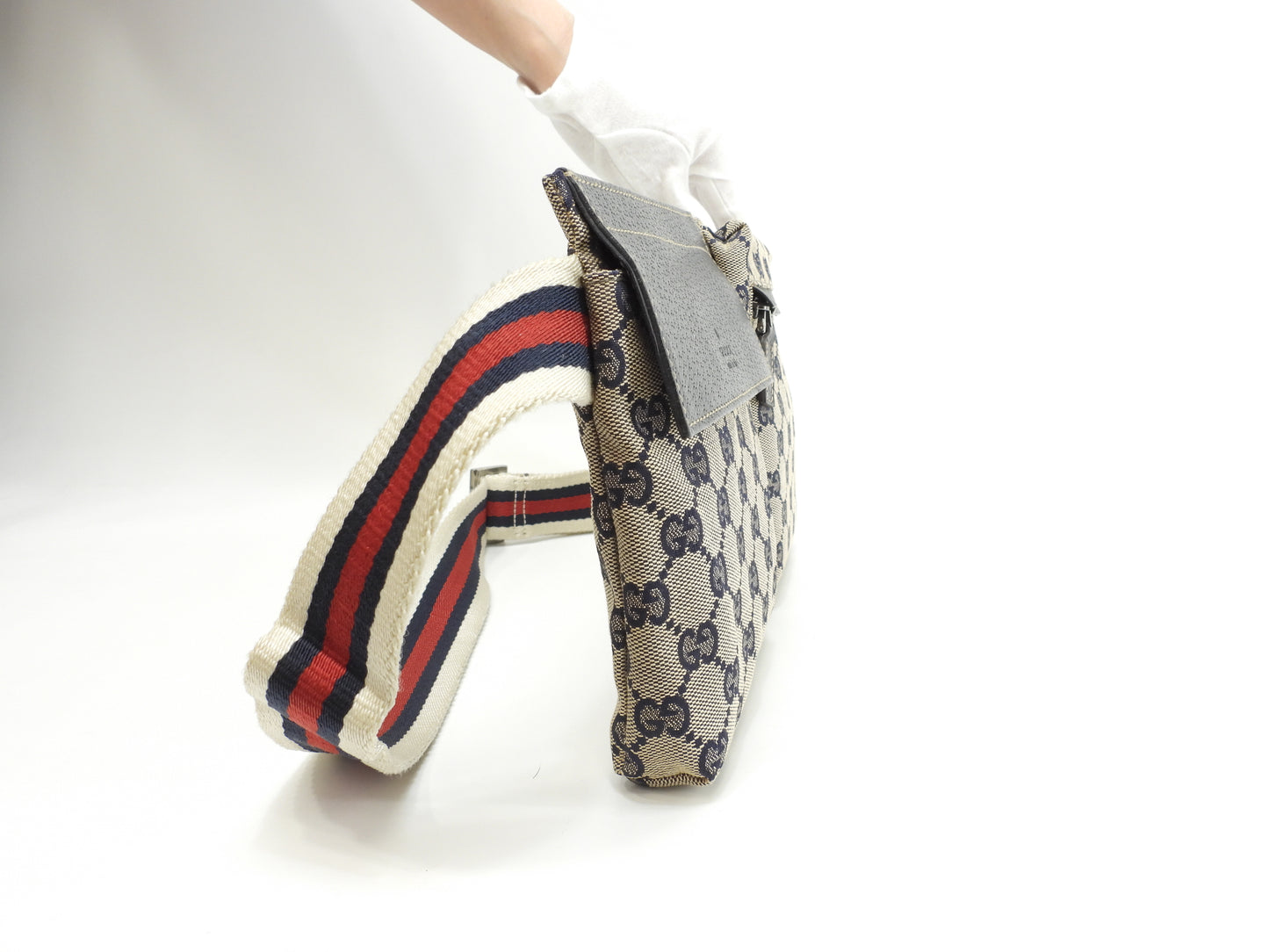 グッチ ベルトバッグ GGシュプリーム コットン灰紺革 ボディバッグ ウエストバッグ 美品@ 15