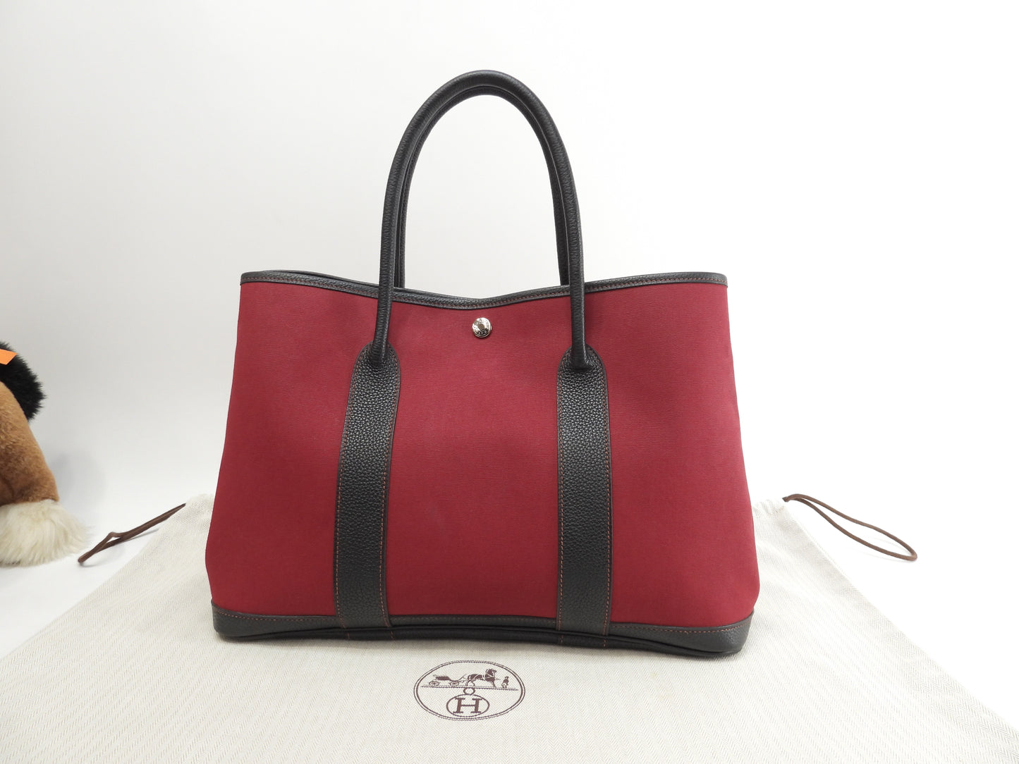 エルメス ガーデンパーティーPM コットン/レザー 赤黒 トートバッグ@□J 13