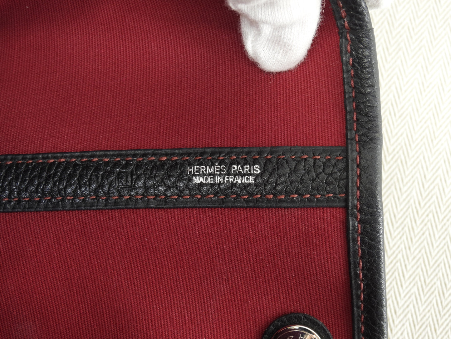 エルメス ガーデンパーティーPM コットン/レザー 赤黒 トートバッグ@□J 13