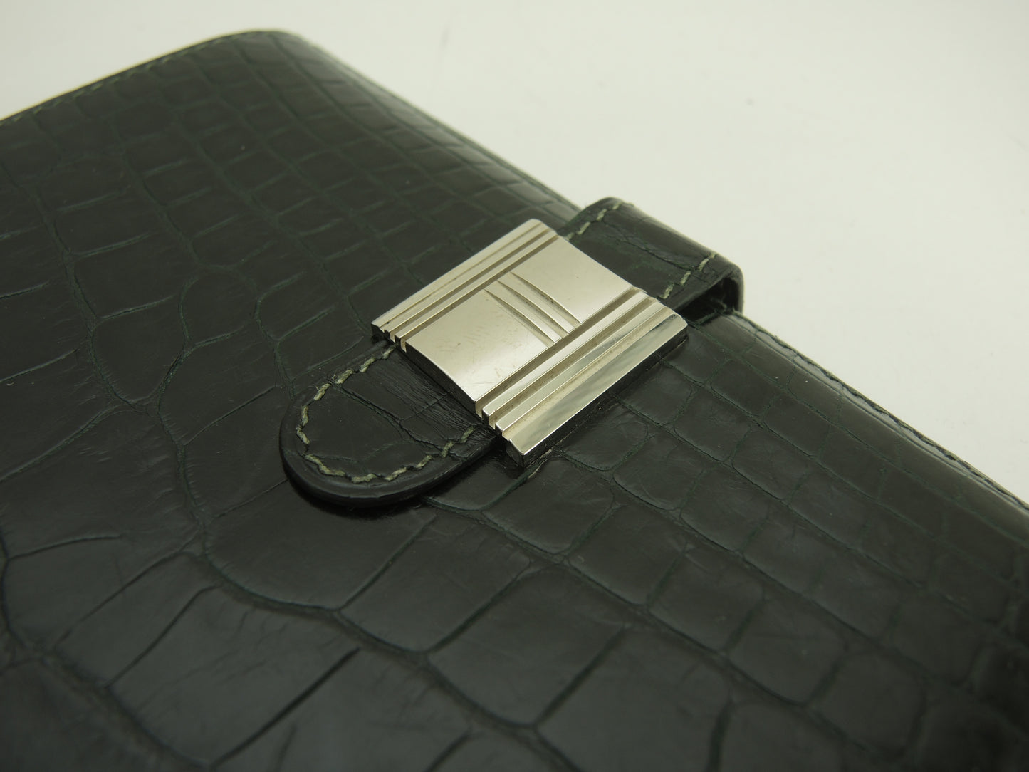 エルメス 2折財布 アリゲーター緑 シルバーカデナ金具 コンパクトウォレット@□A