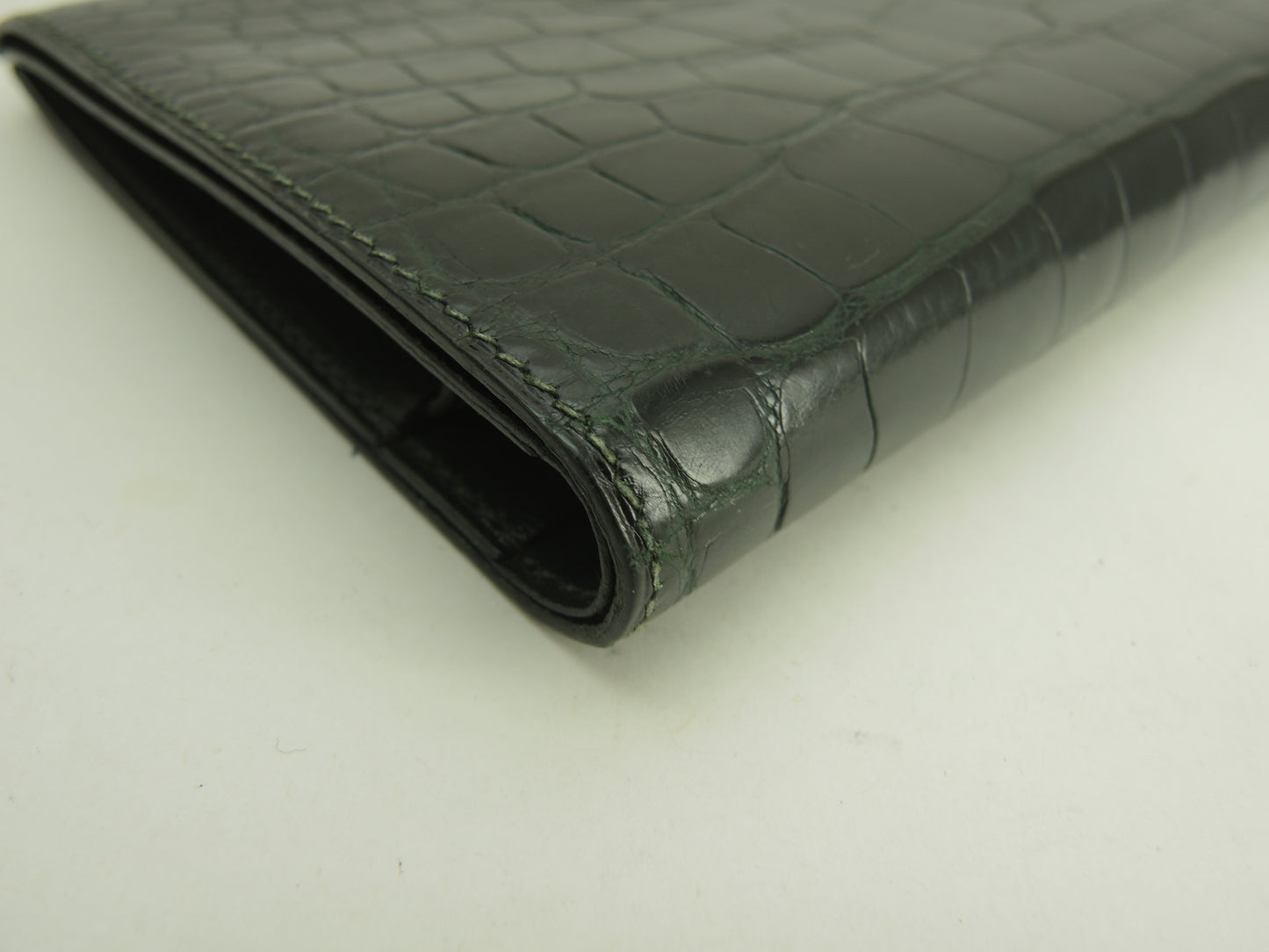 エルメス 2折財布 アリゲーター緑 シルバーカデナ金具 コンパクトウォレット@□A