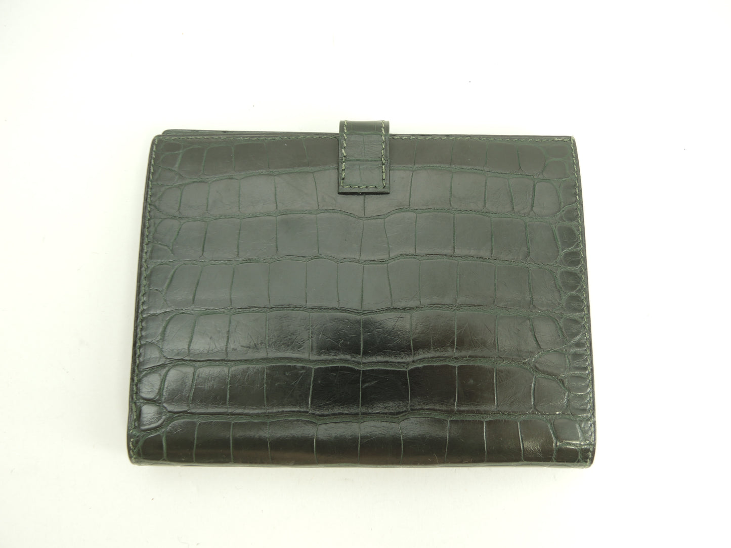エルメス 2折財布 アリゲーター緑 シルバーカデナ金具 コンパクトウォレット@□A