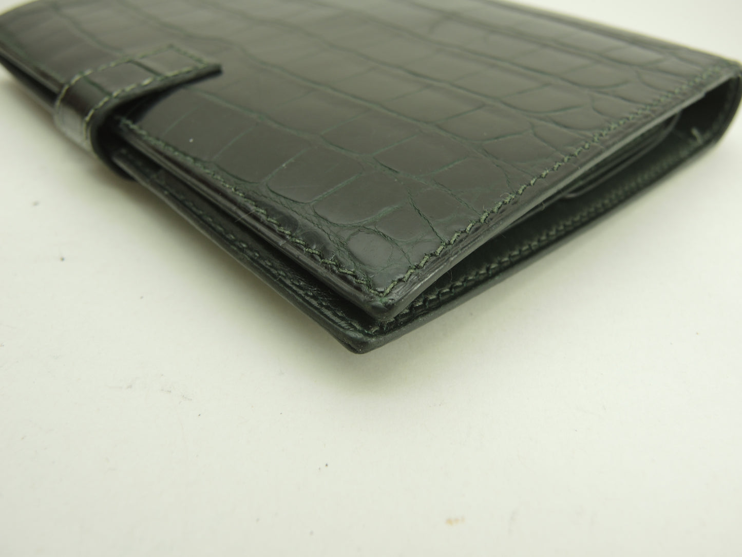 エルメス 2折財布 アリゲーター緑 シルバーカデナ金具 コンパクトウォレット@□A