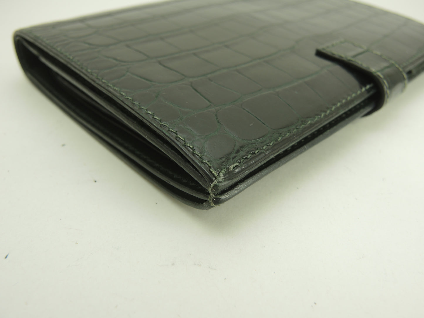 エルメス 2折財布 アリゲーター緑 シルバーカデナ金具 コンパクトウォレット@□A