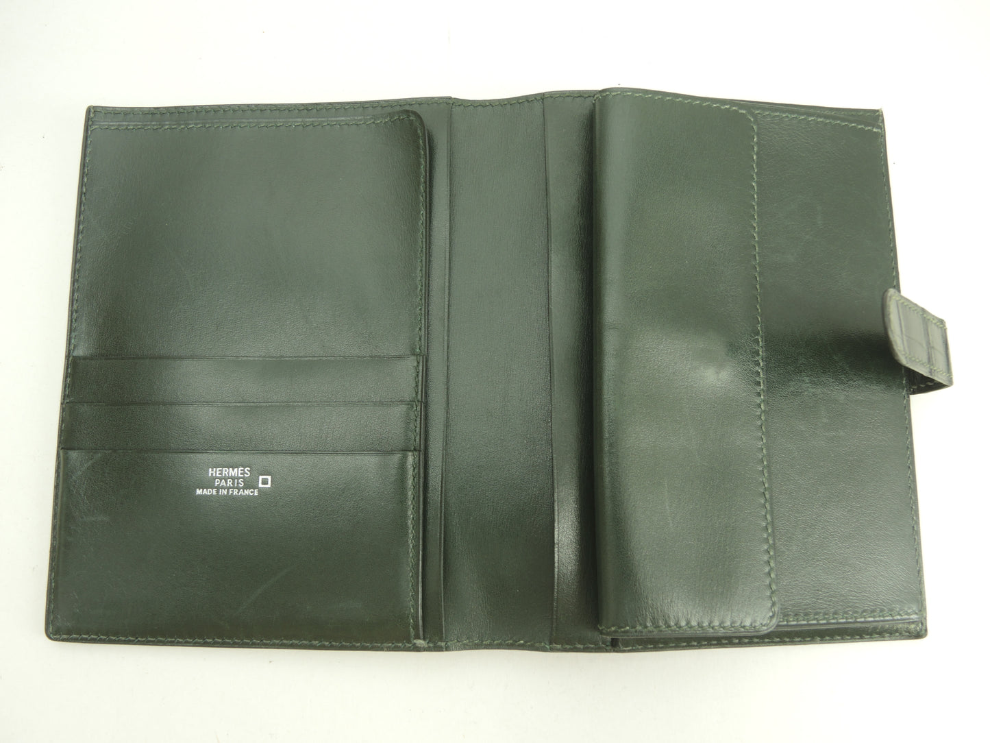 エルメス 2折財布 アリゲーター緑 シルバーカデナ金具 コンパクトウォレット@□A