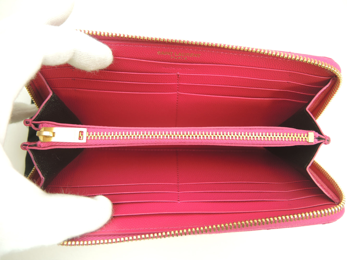 サンローラン ロングウォレット YSL レザー/ピンク ラウンドジップ長財布 ゴールド金具 新品同様@ 91