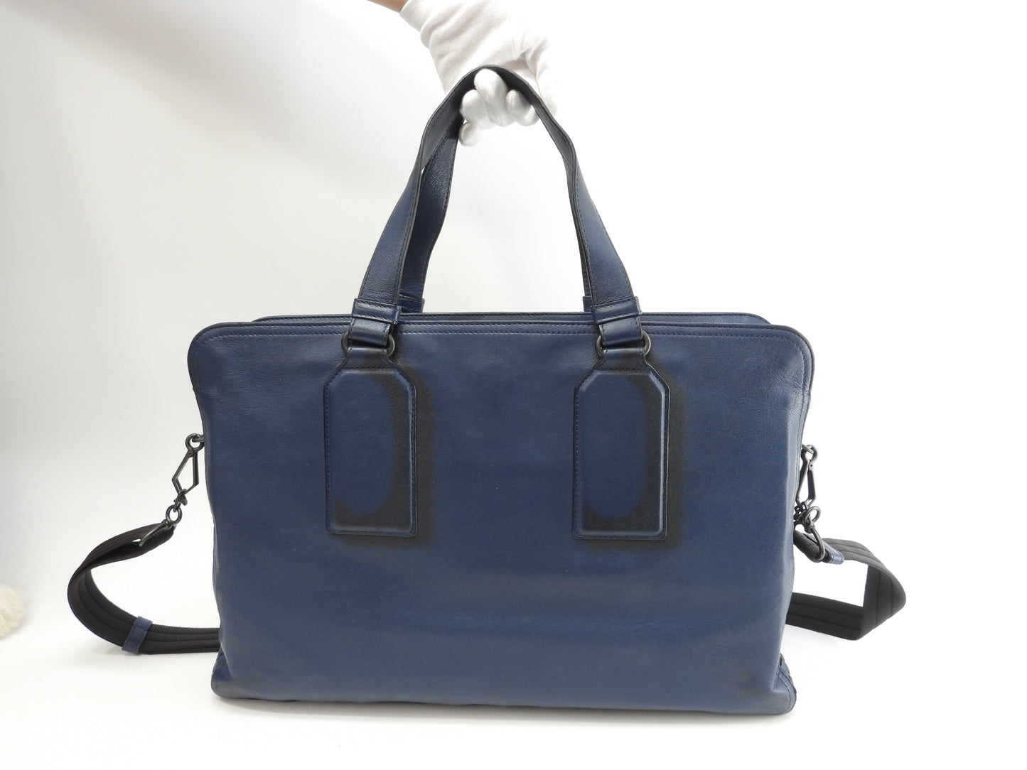 Bottega Veneta briefcase with S-shaped intrecciato pattern, blue and black leather, in good condition @B05324701Q