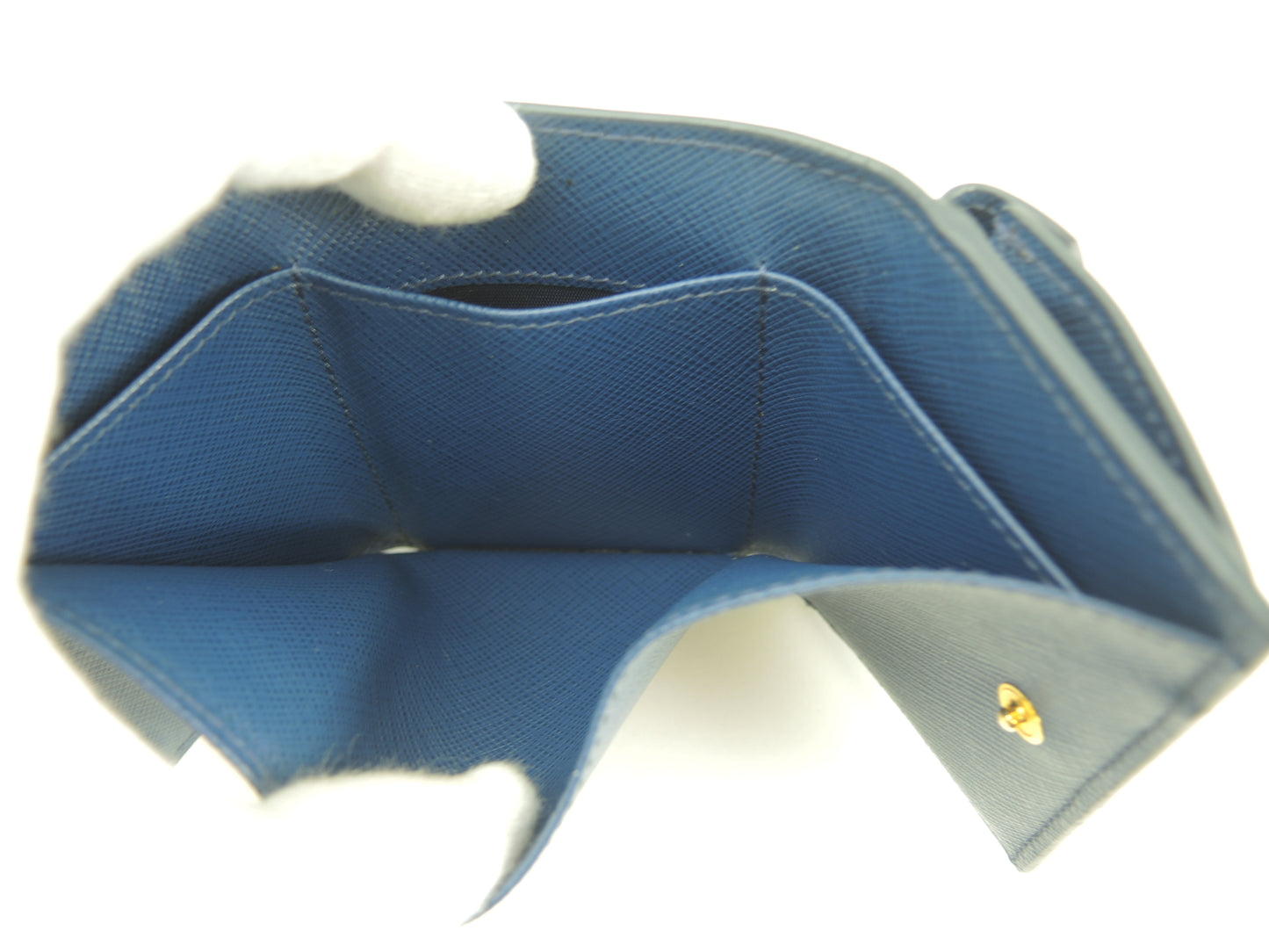 プラダ ミニウォレット メタルロゴ サフィアーノ濃青 3折スモール財布 美品@181E