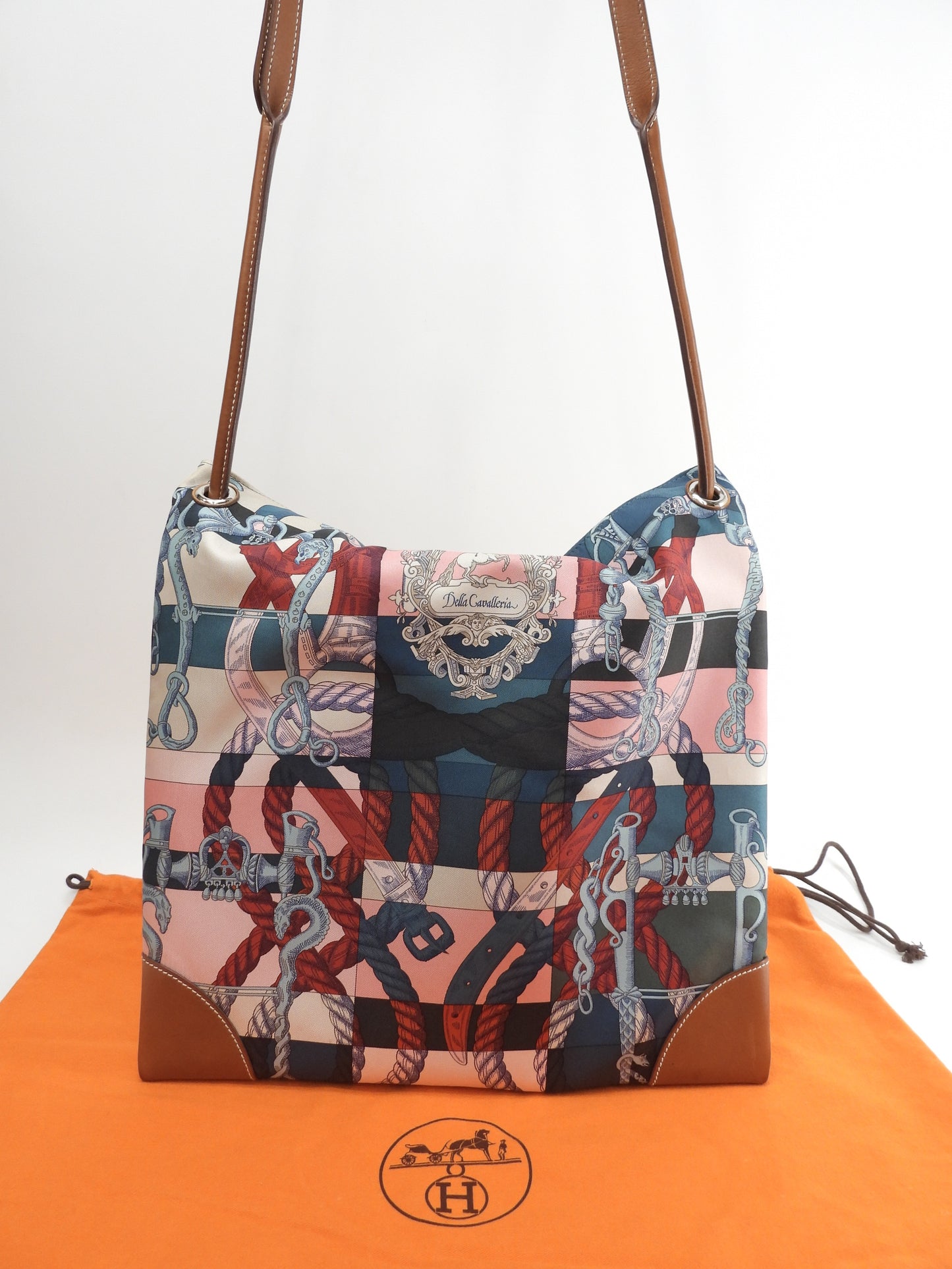 エルメス シルキーシティPM シルク/ピンク系 レザー茶 ショルダーバッグ 美品@T 2