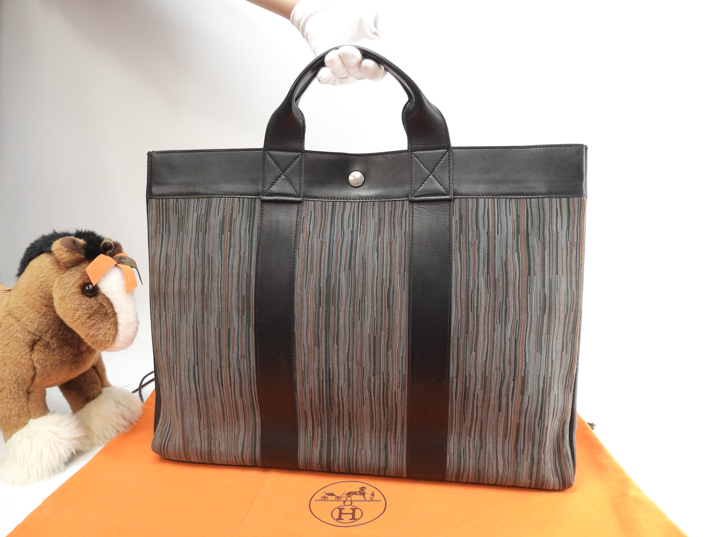 Hermes Tote MM Foule Vibrato Black Handbag Document Men's @□E 10