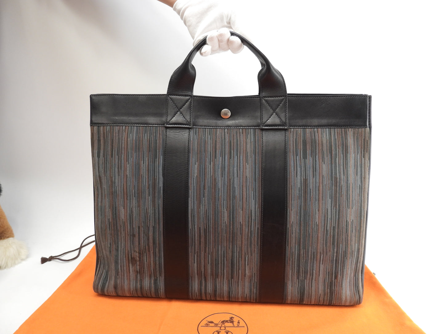 Hermes Tote MM Foule Vibrato Black Handbag Document Men's @□E 10