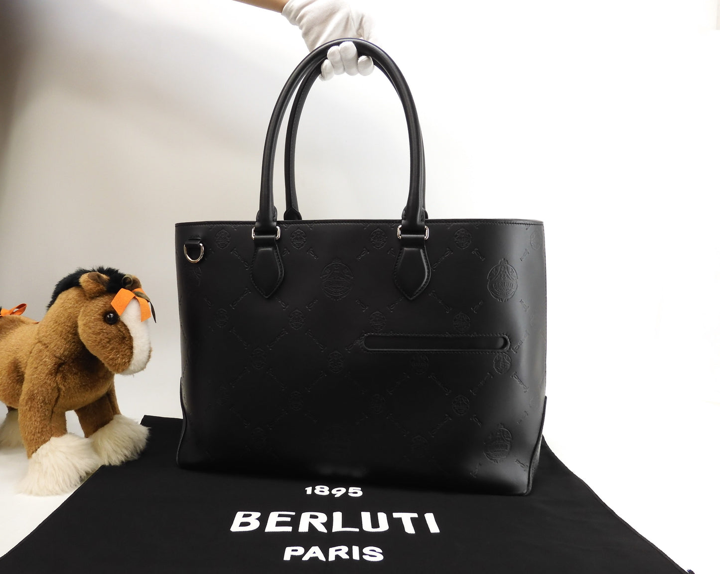 Berluti Toujour Chevron Leather Black Men's Tote Bag Handbag @A0251
