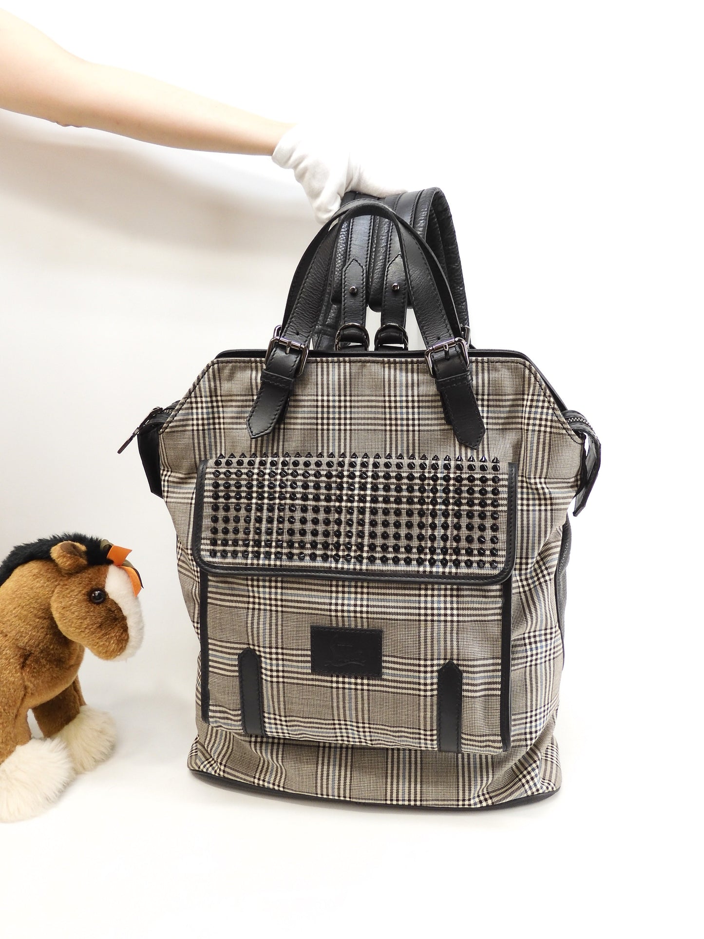 Christian Louboutin Backpack Studs Check Black Backpack Large Tote Bag @ 60