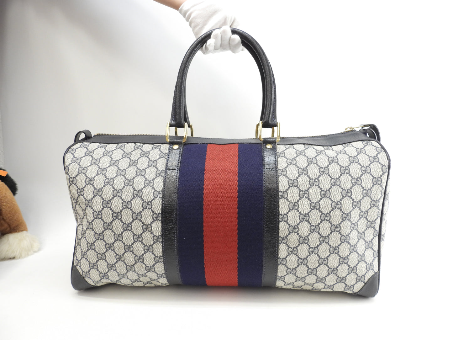 オールドグッチ 本革/スゥェードバッグ 紺 強けれ 