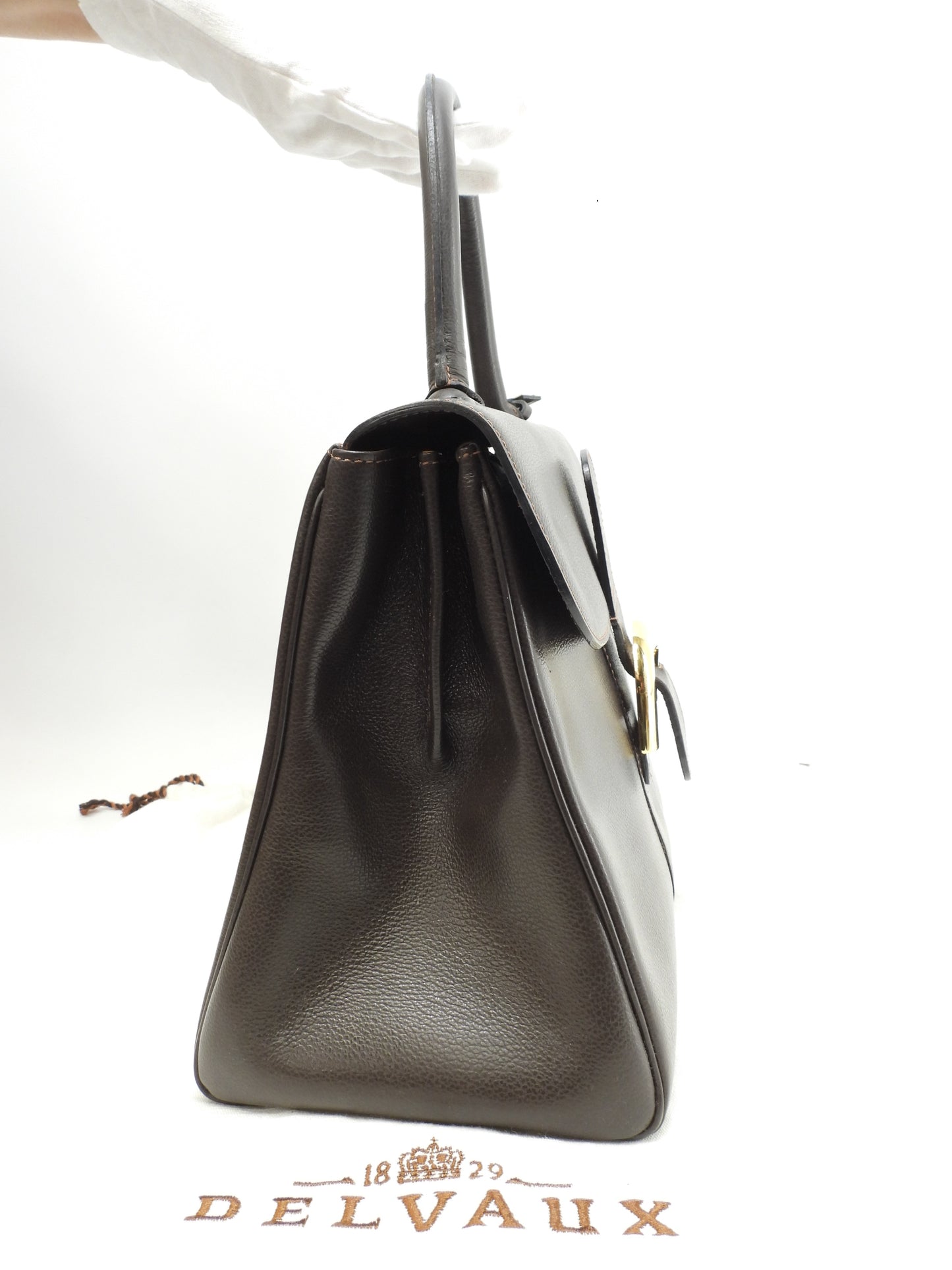 デルボー ブリヨンMM ヴィンテージ 型押レザー焦茶 ゴールド金具 ハンドバッグ@ 101