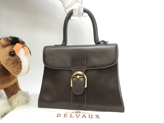 デルボー ブリヨンMM ヴィンテージ 型押レザー焦茶 ゴールド金具 ハンドバッグ@ 101