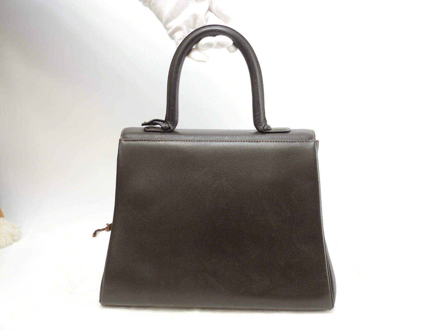 デルボー ブリヨンMM ヴィンテージ 型押レザー焦茶 ゴールド金具 ハンドバッグ@ 101