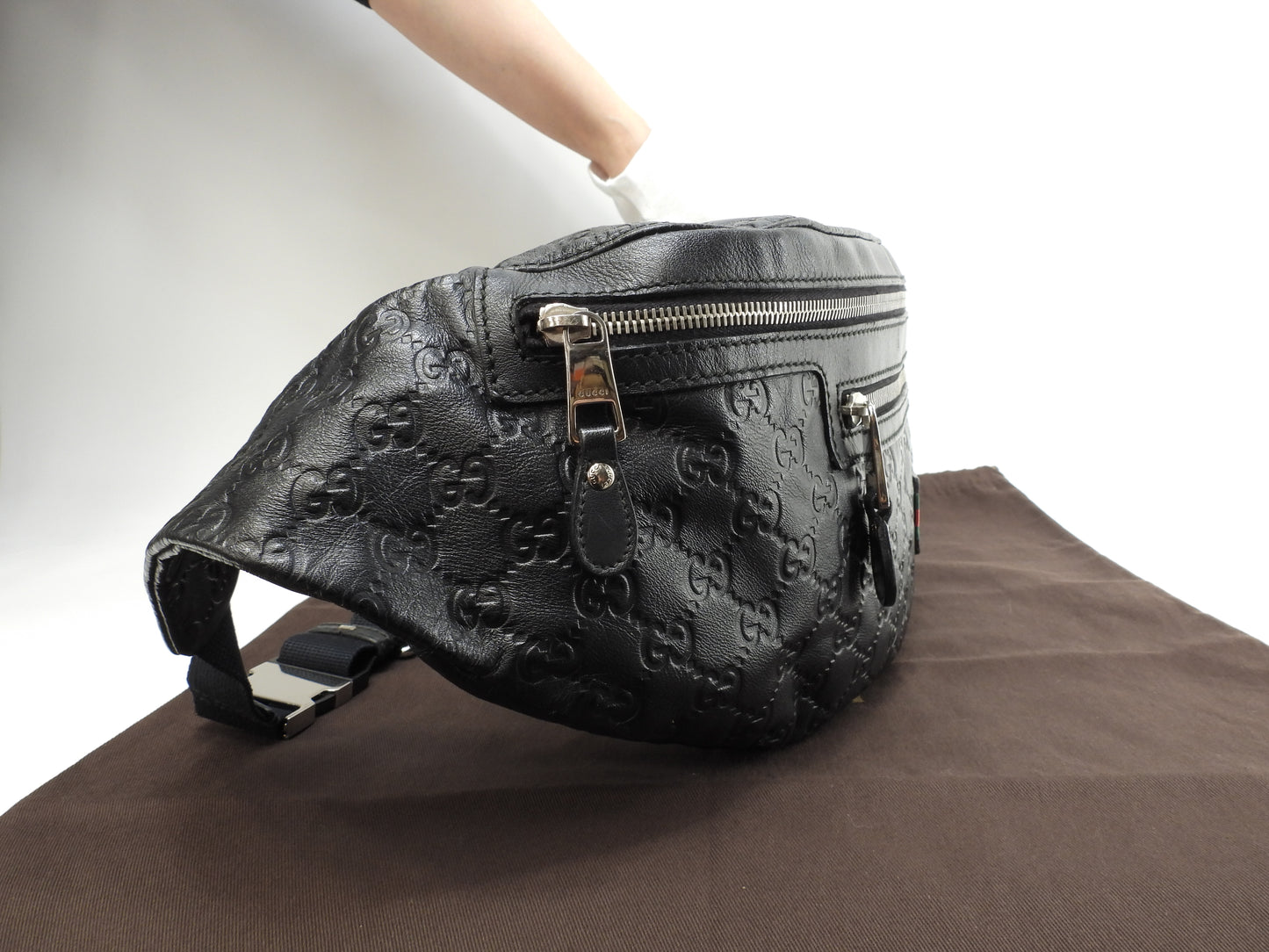 グッチ ボディバッグ大 GG シマレザー黒 斜掛ショルダーバッグ ウエストバッグ 美品@ 31