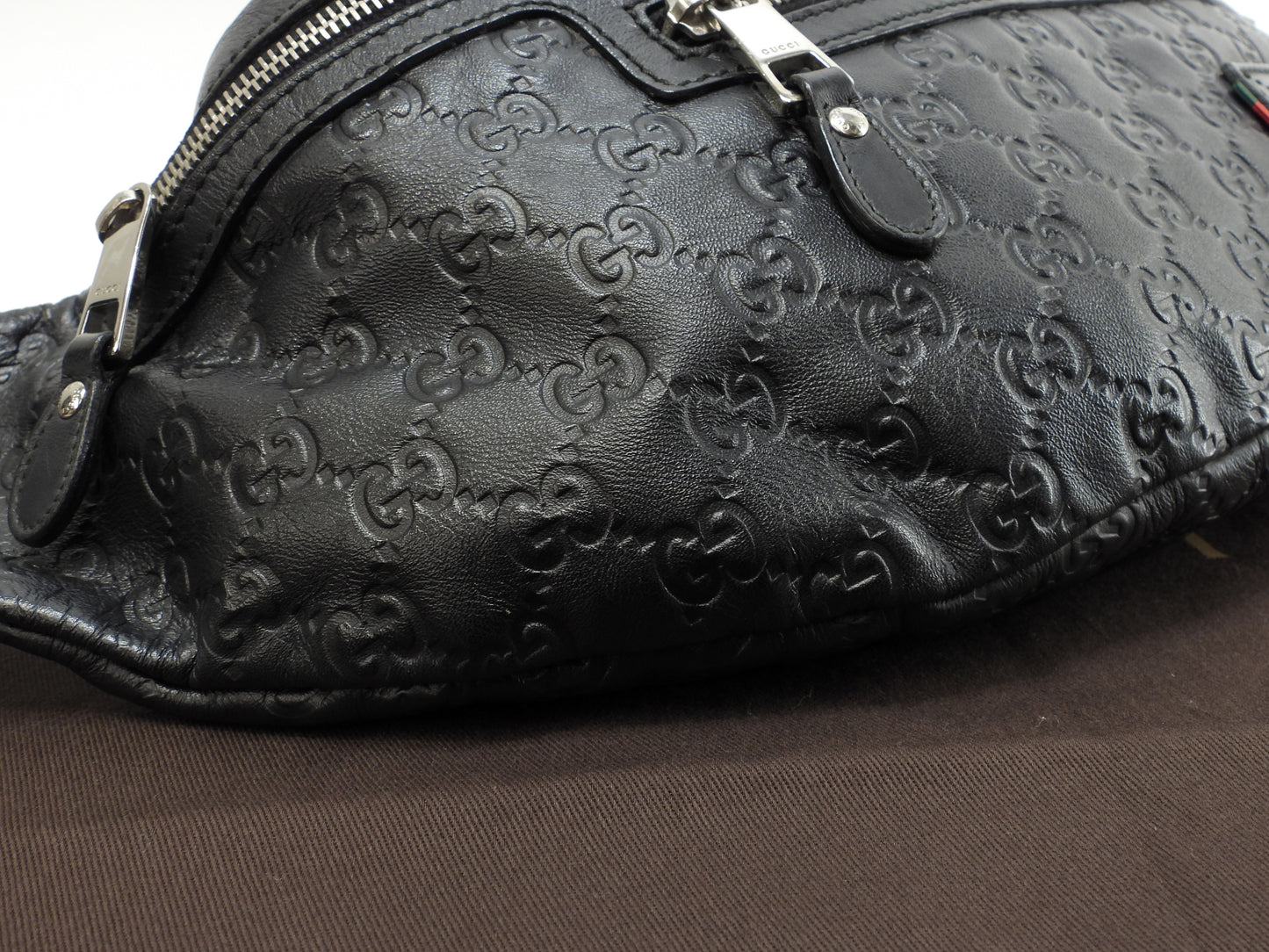 グッチ ボディバッグ大 GG シマレザー黒 斜掛ショルダーバッグ ウエストバッグ 美品@ 31