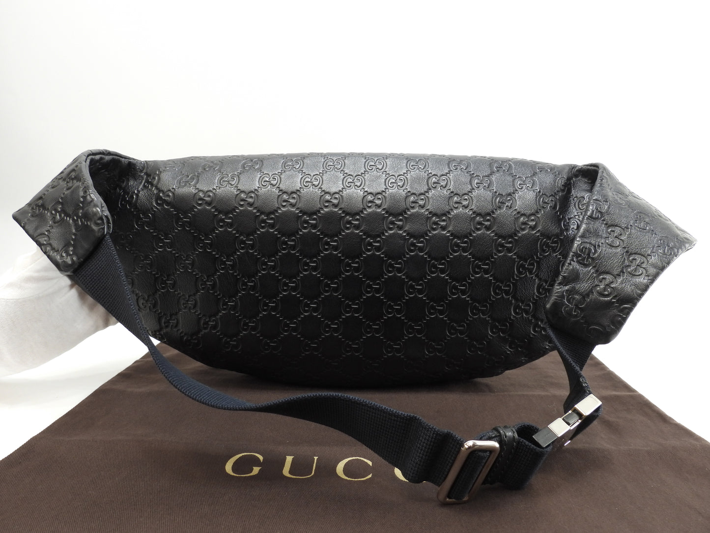 グッチ ボディバッグ大 GG シマレザー黒 斜掛ショルダーバッグ ウエストバッグ 美品@ 31