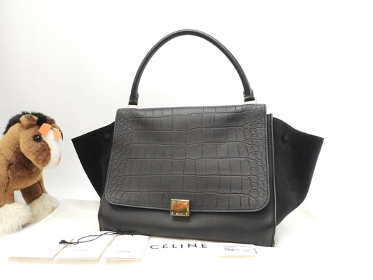 Celine Trapeze GM Crocodile-embossed Leather Black Handbag Tote Bag Hobo Bag Good Condition @F-TB-0162