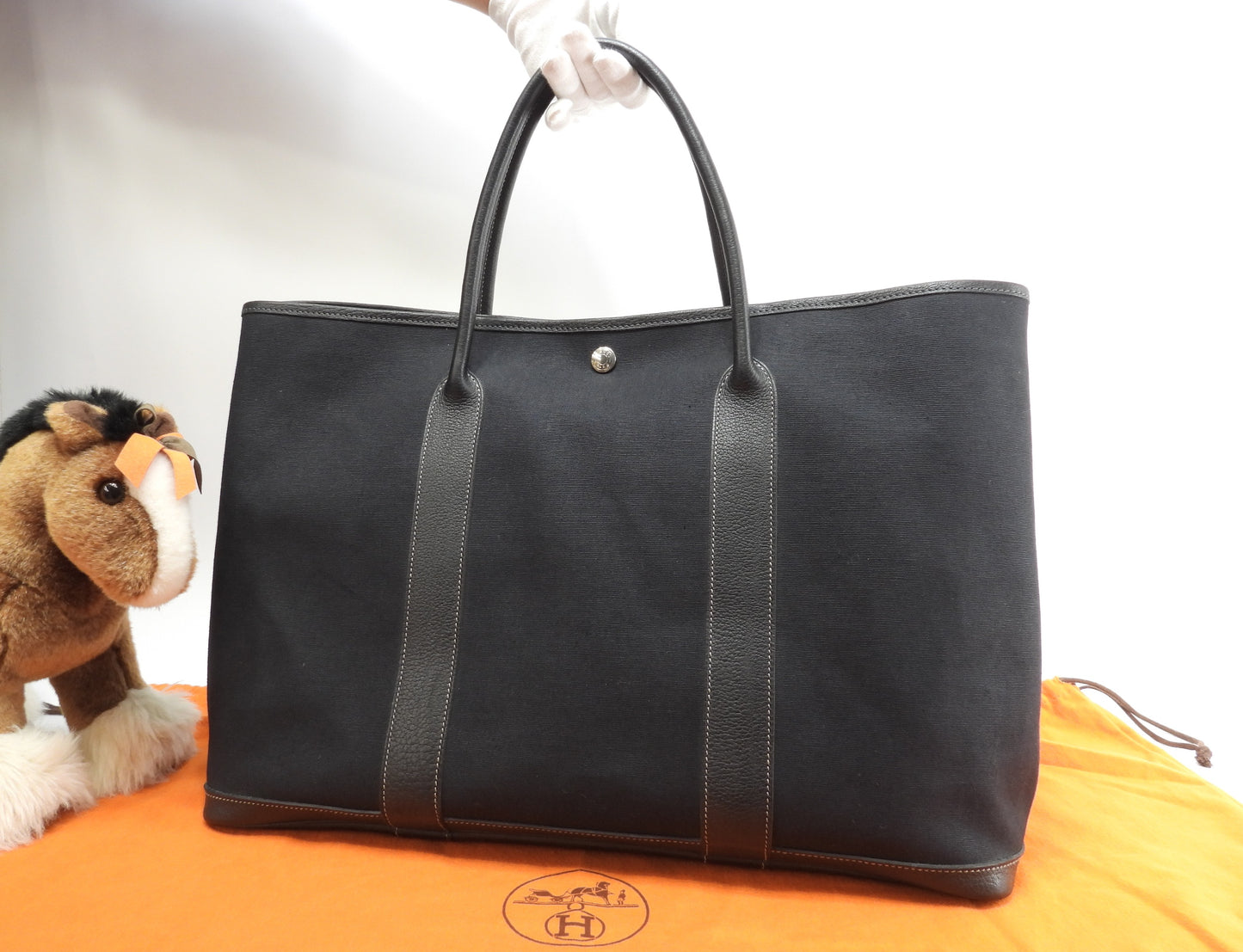 エルメス ガーデンパーティMM コットン/レザー 黒 トートバッグ大 ハンドバッグ大 美品@□H 3