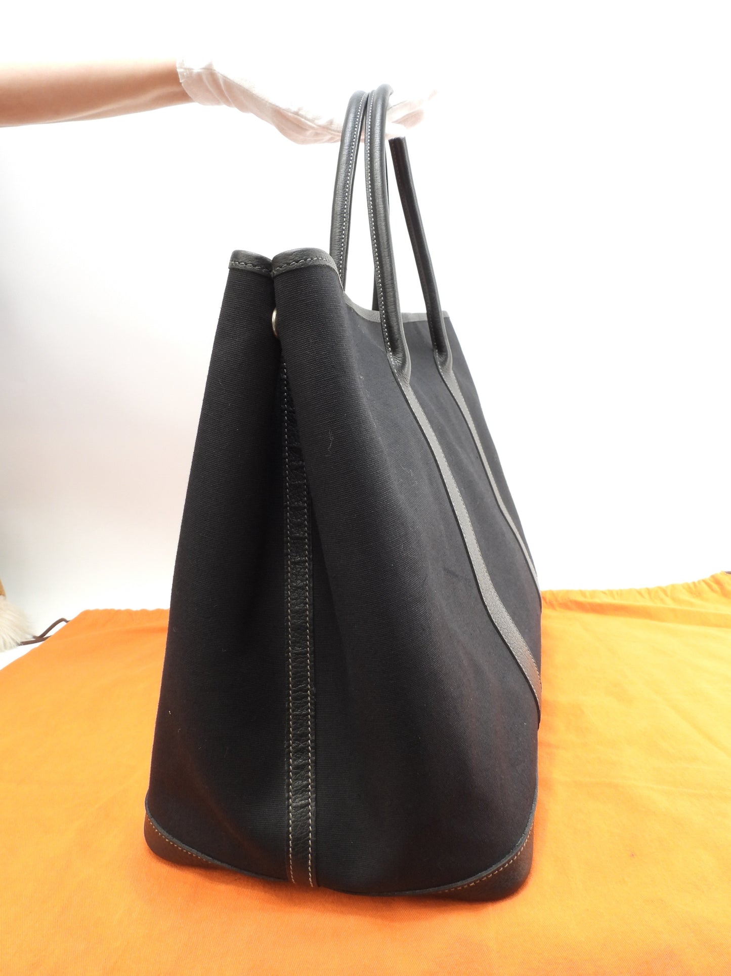 エルメス ガーデンパーティMM コットン/レザー 黒 トートバッグ大 ハンドバッグ大 美品@□H 3