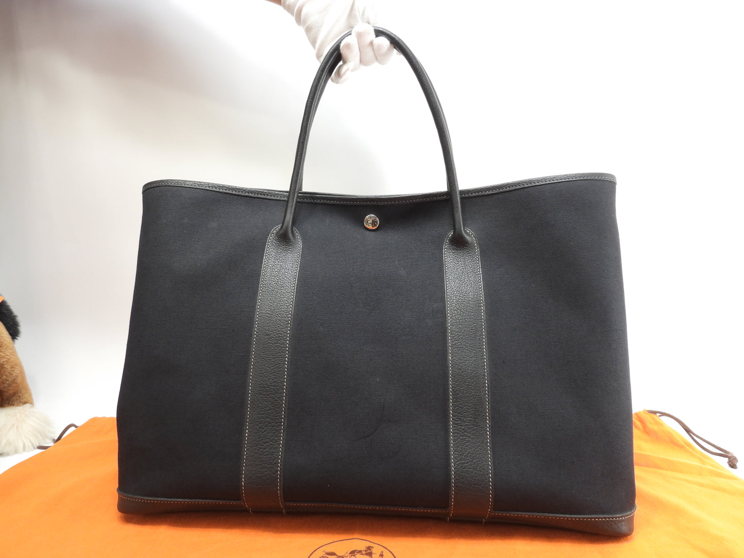 エルメス ガーデンパーティMM コットン/レザー 黒 トートバッグ大 ハンドバッグ大 美品@□H 3