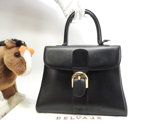 デルボー ブリヨンMM 型押レザー黒 ゴールド金具 ハンドバッグ ケリー型 美品@ 2